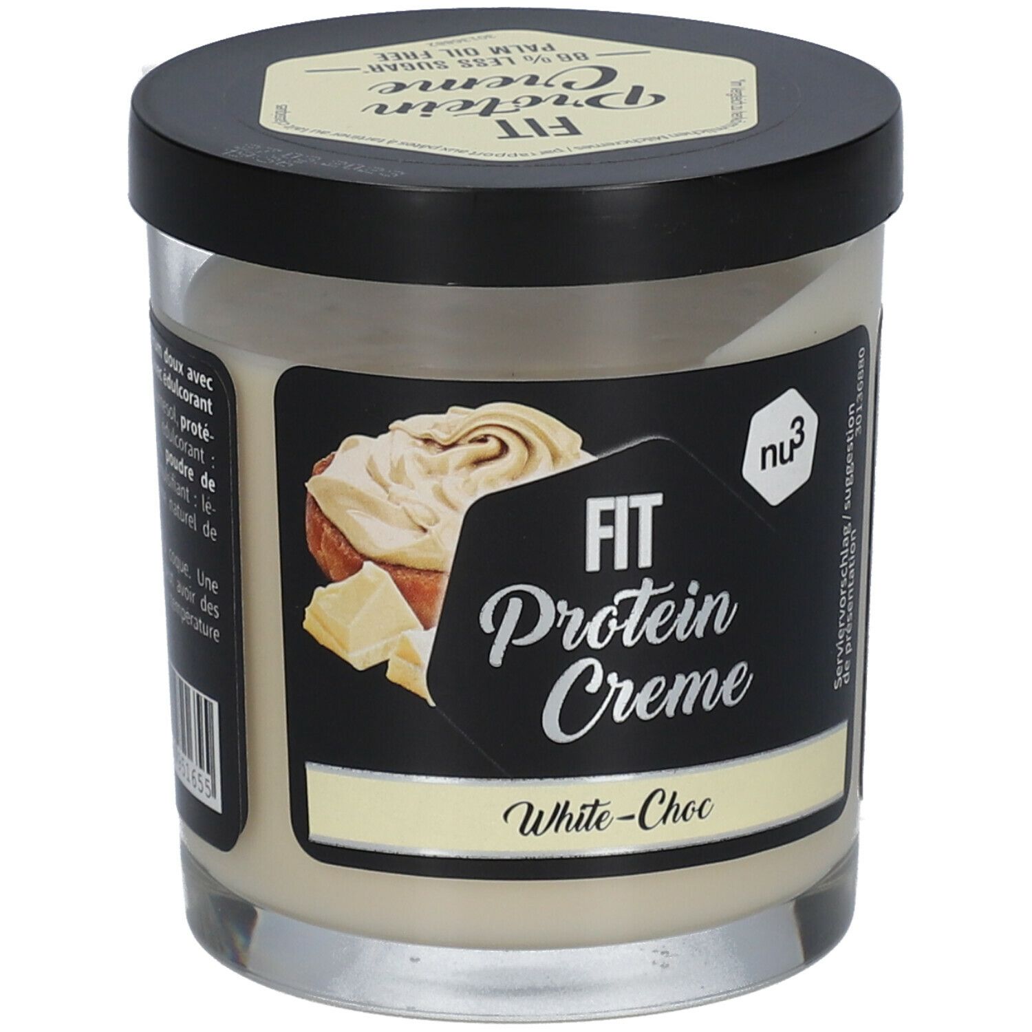 Pot de crème blanche avec couvercle noir et étiquette. Inscription: FIT Protein Creme White-Choc. Marque: nu3.