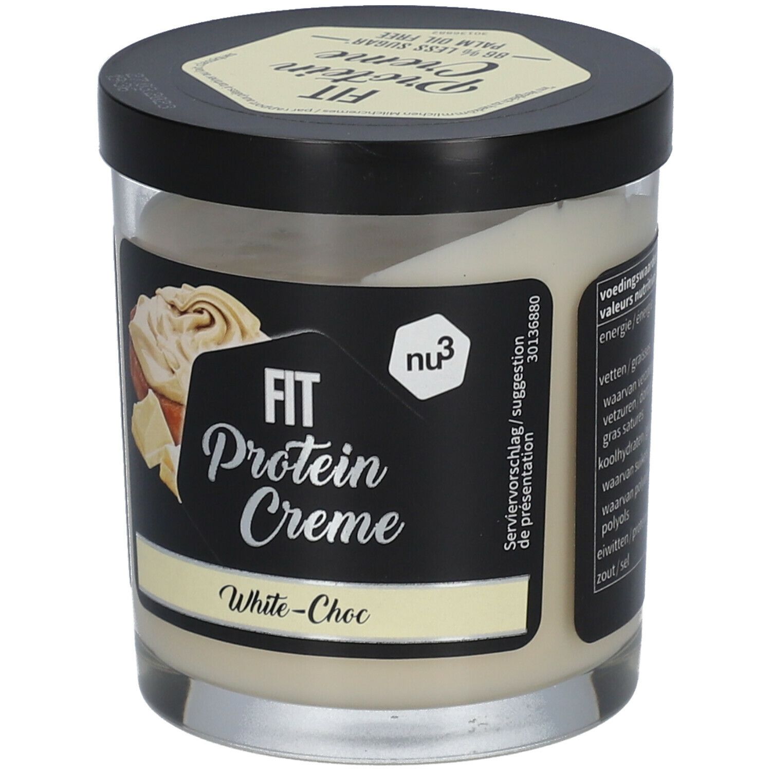Pot de crème blanche avec couvercle noir et étiquette. Inscription: FIT Protein Creme White-Choc. Marque: nu3.