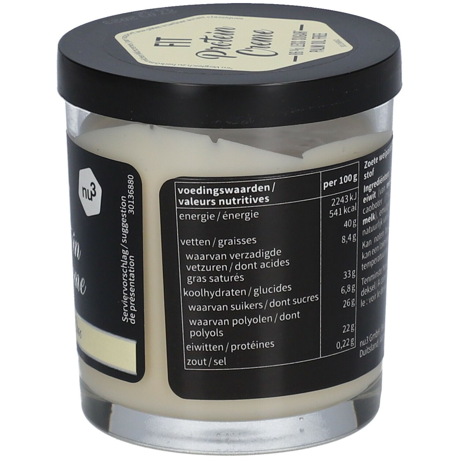 Dos d'un pot de crème blanche. Texte: informations nutritionnelles. Inscription: nu3.