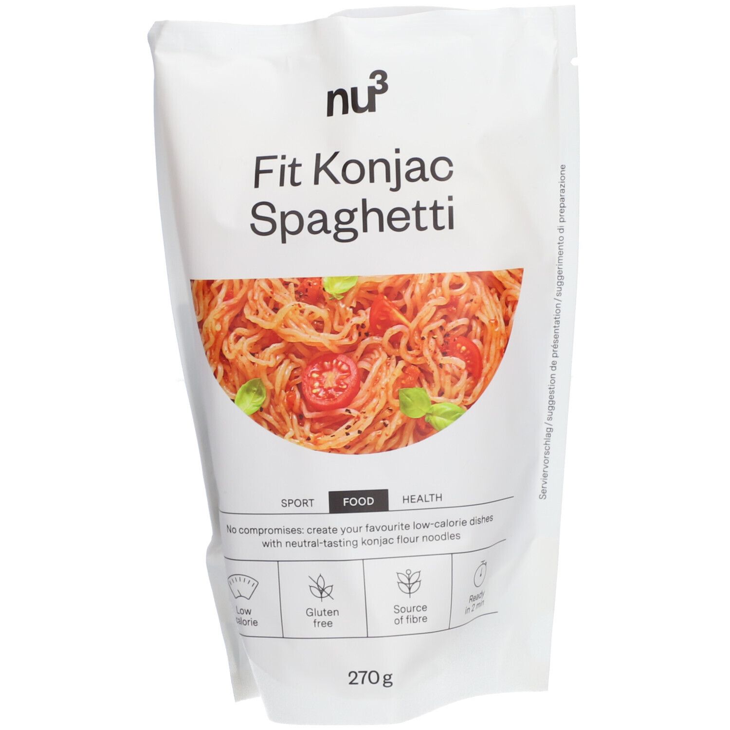 Weiße Verpackung mit Konjak-Spaghetti-Abbildung. Aufschrift: nu3 Fit Konjac Spaghetti. Kennzeichnungen: Low Calorie, Gluten Free, Source of Fibre.
