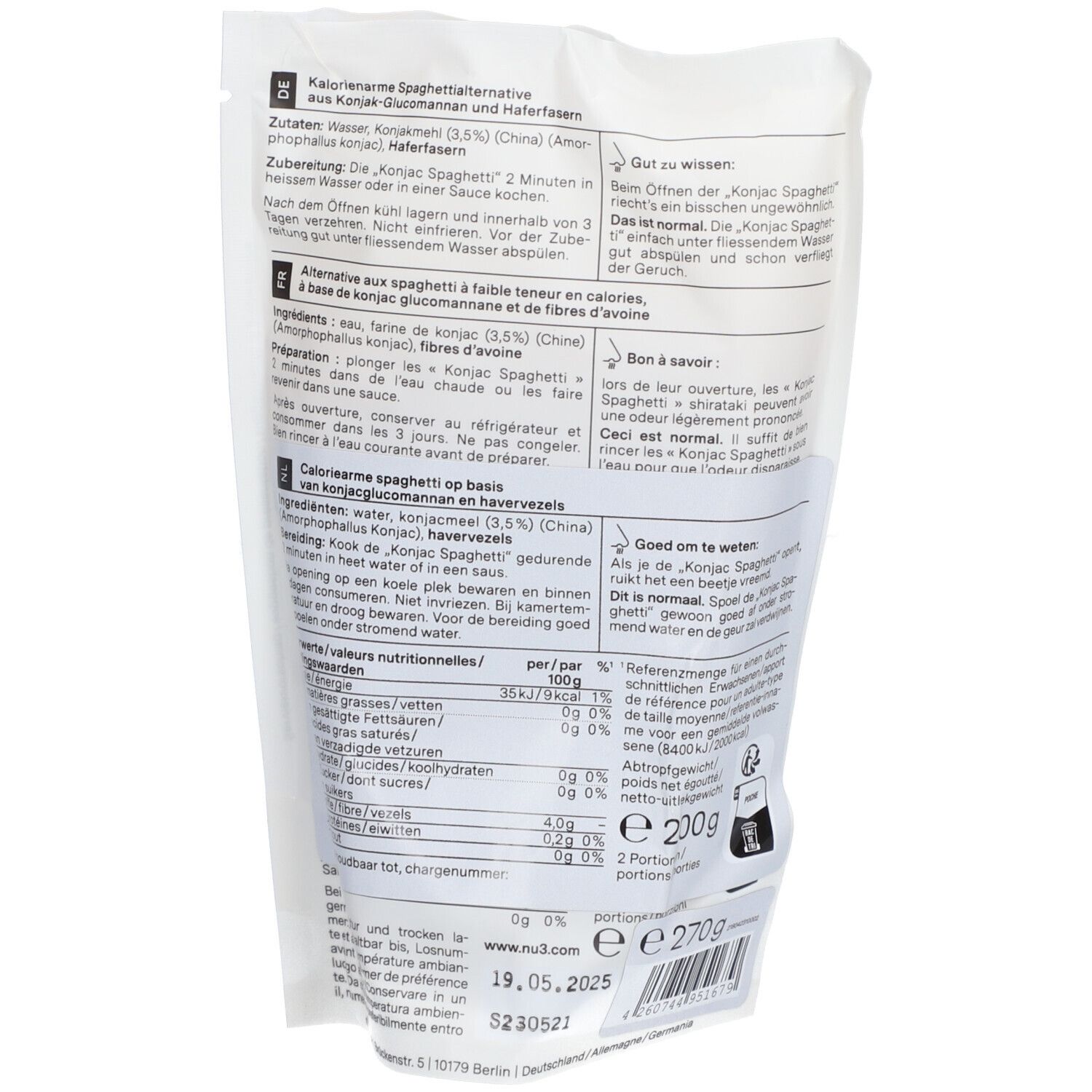 Rückseite der weißen Verpackung. Text in Deutsch, Zutaten, Nährwertangaben, Zubereitungshinweise. Aufdruck: 270g, Mindesthaltbarkeitsdatum.