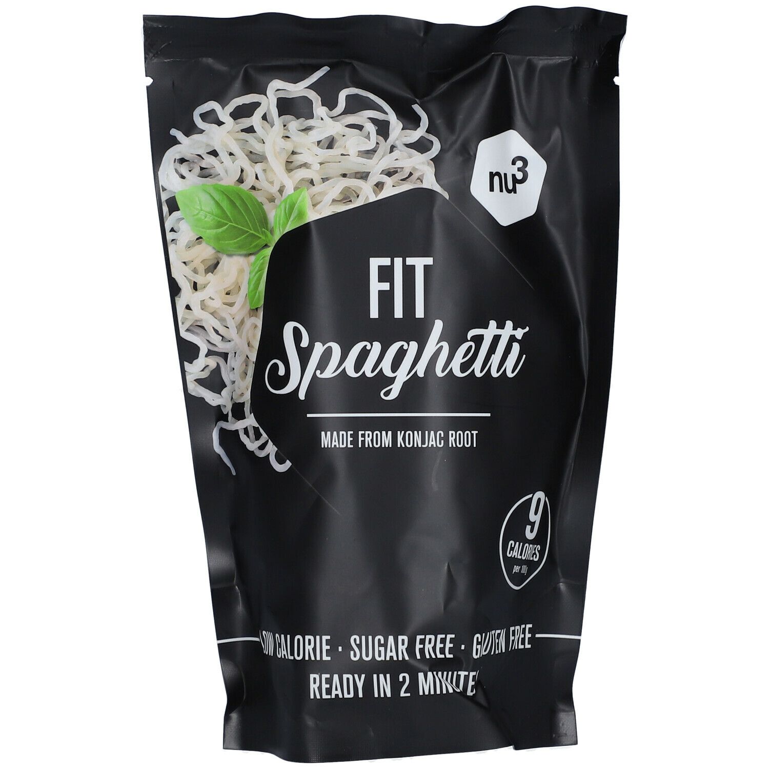 Schwarze Verpackung mit Konjak-Spaghetti. Aufschrift: Fit Spaghetti, Made from Konjac Root. Kennzeichnungen: Low Calorie, Sugar Free, Gluten Free.