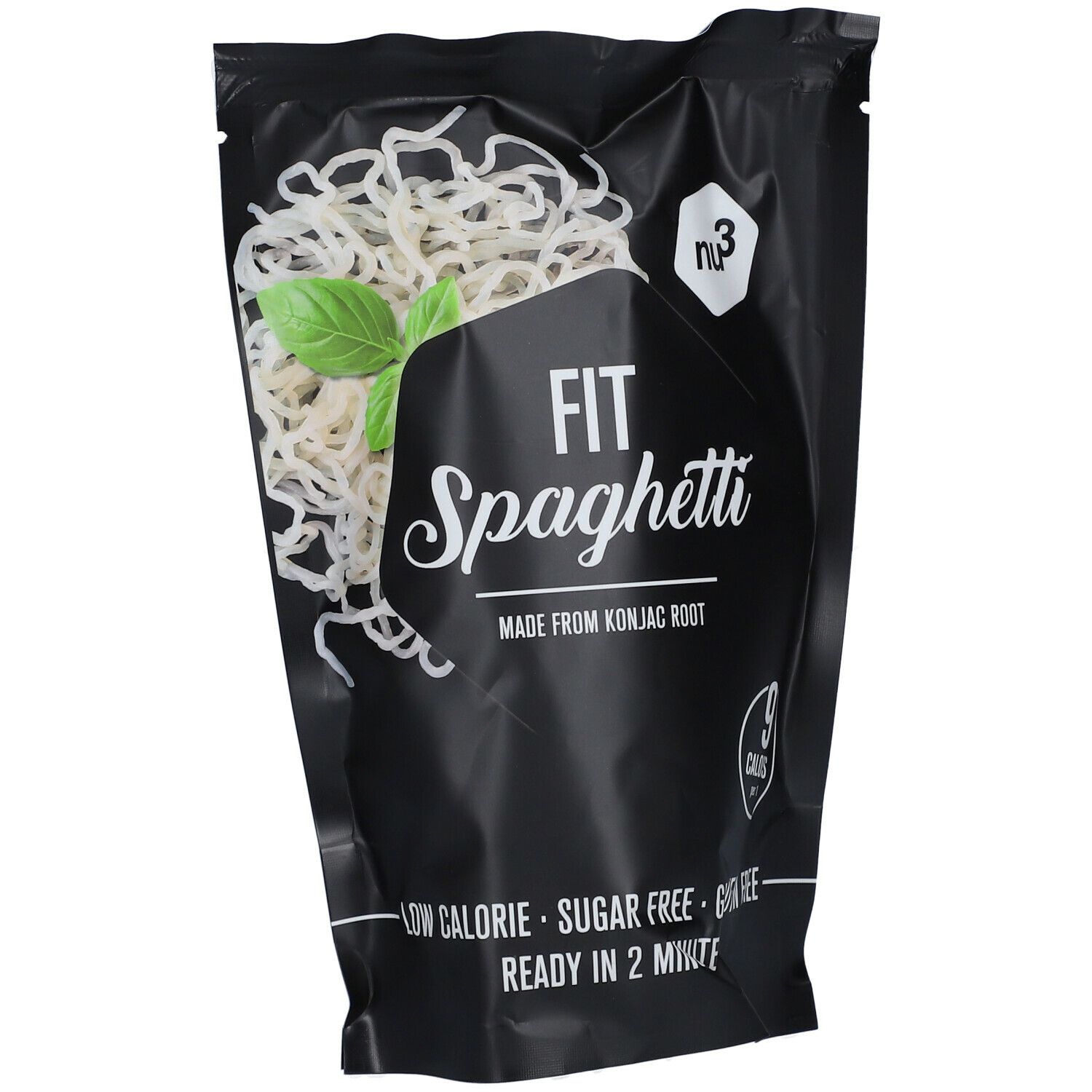 Schwarze Verpackung mit Konjak-Spaghetti. Aufschrift: Fit Spaghetti, Made from Konjac Root. Kennzeichnungen: Low Calorie, Sugar Free, Gluten Free.