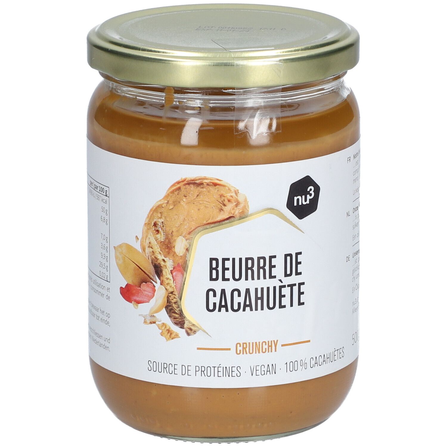 Glas mit Erdnussbutter. Etikett mit Produktbezeichnung, Logo und Abbildung einer Erdnuss. Deckel aus Metall.