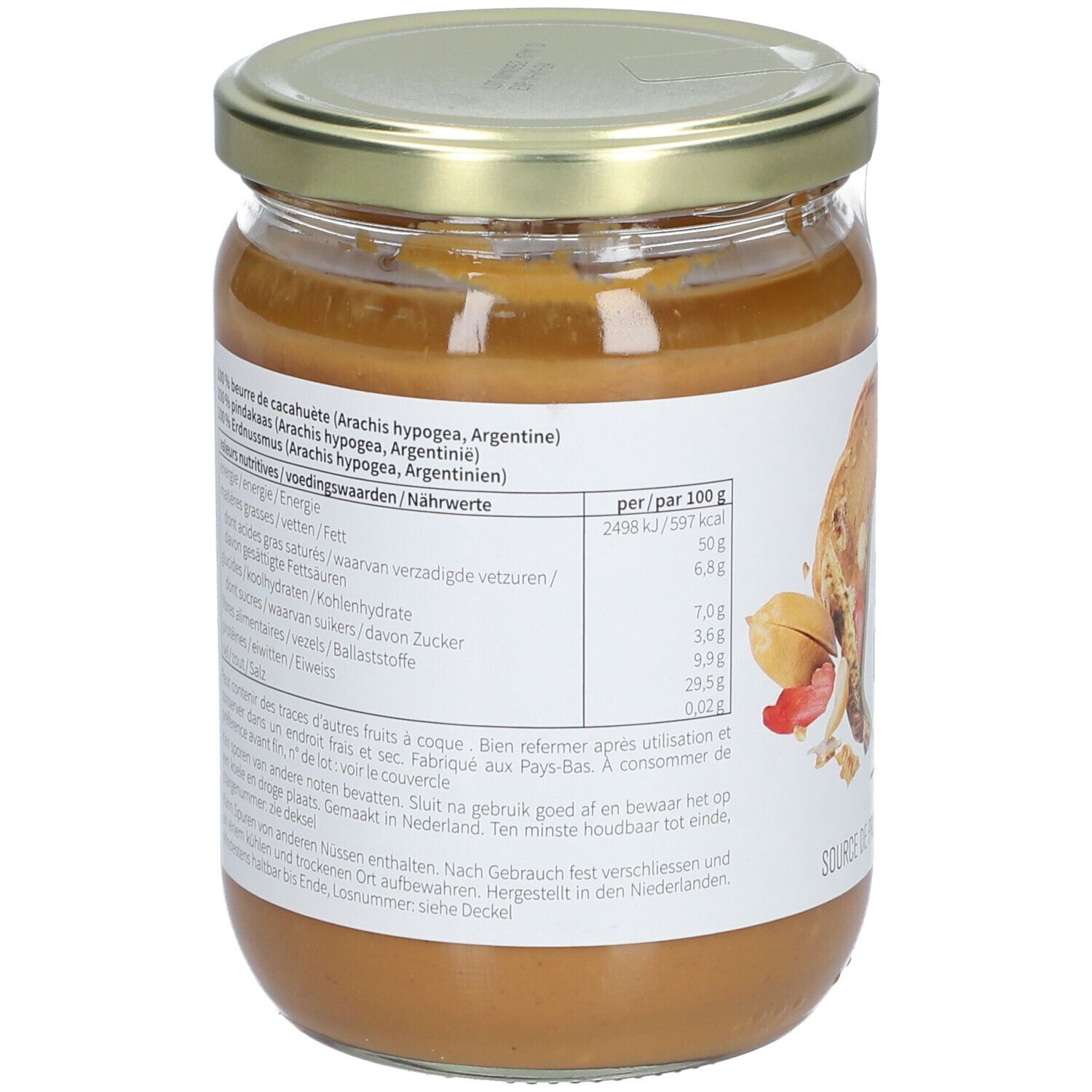 Rückseite des Glases mit Erdnussbutter. Etikett mit Nährwertangaben und Zutatenliste. Abbildung einer Erdnuss.