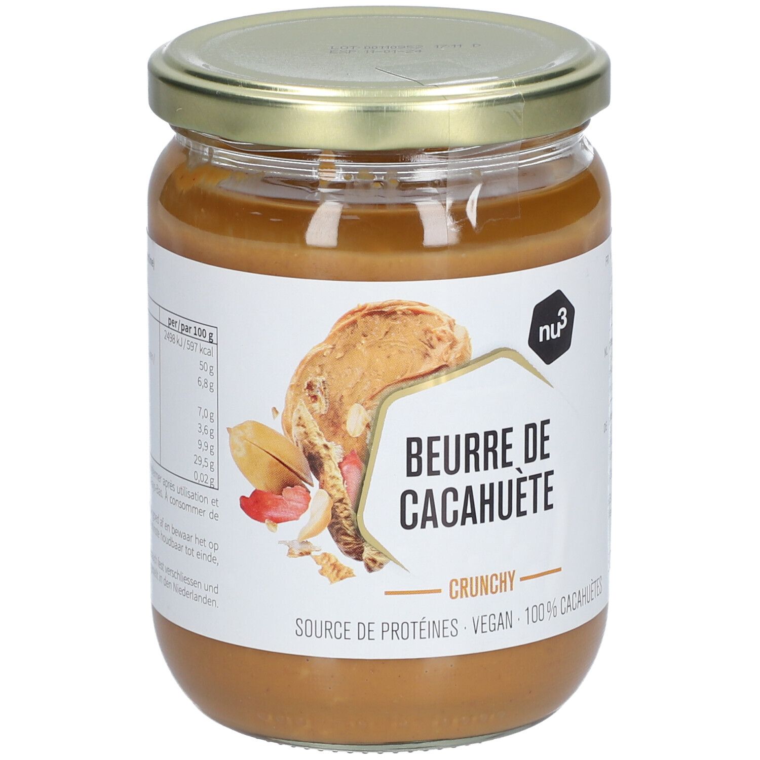 Glas mit Erdnussbutter. Etikett mit Produktbezeichnung, Logo und Abbildung einer Erdnuss. Deckel aus Metall.