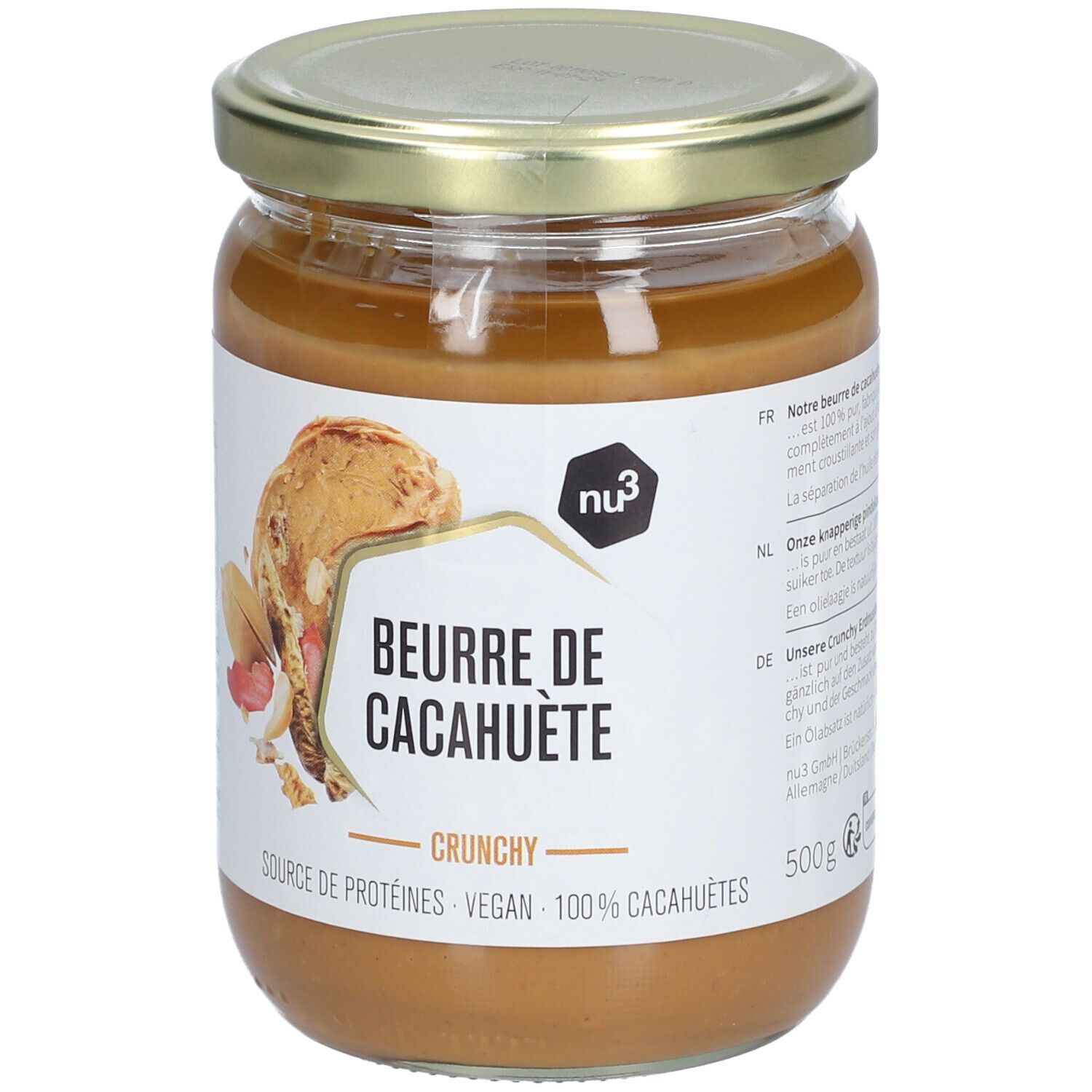 Glas mit Erdnussbutter. Etikett mit Produktbezeichnung, Logo und Abbildung einer Erdnuss. Deckel aus Metall.