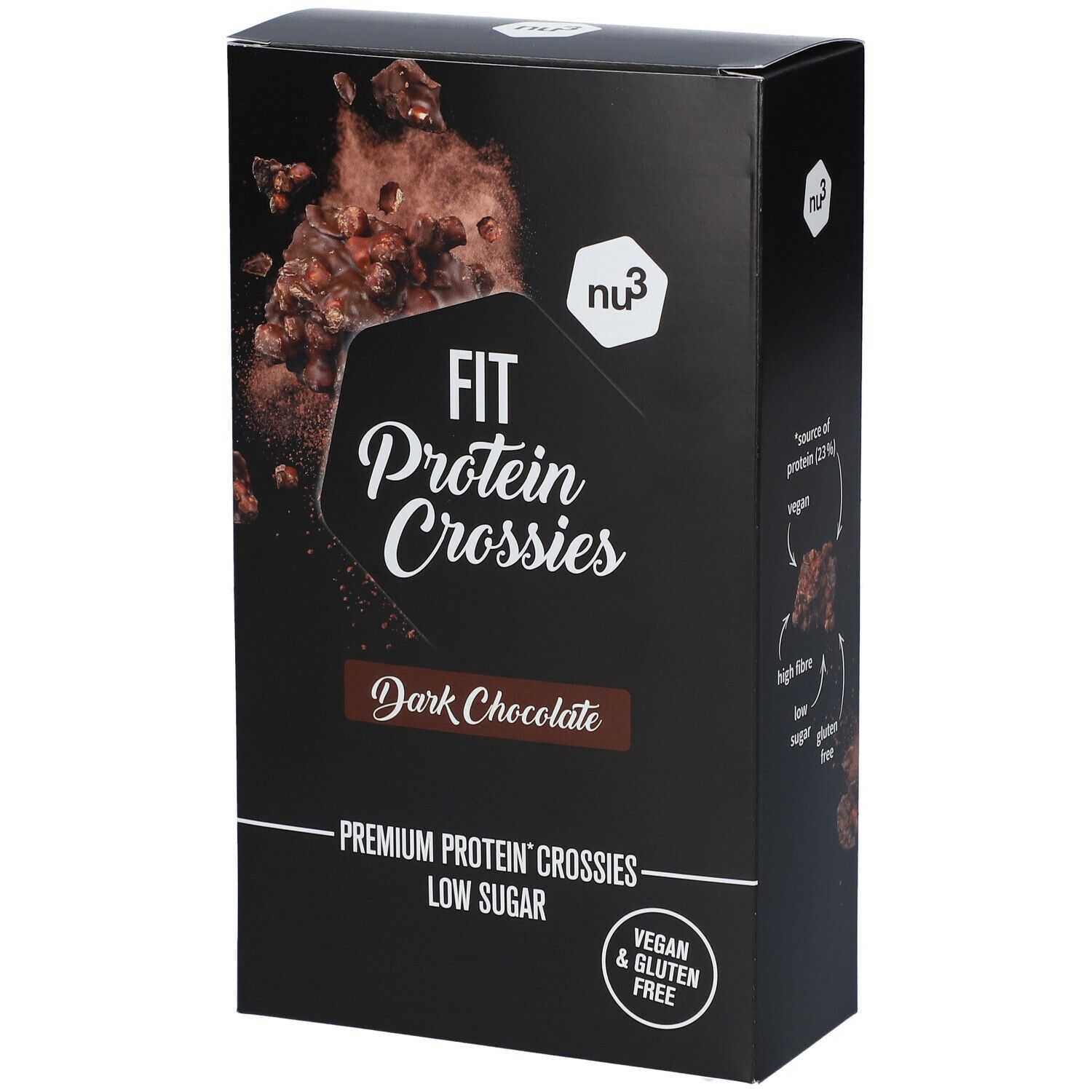 Zwarte verpakking met "nu3" logo en "FIT Protein Crossies Dark Chocolate". Vegan & glutenvrij.
