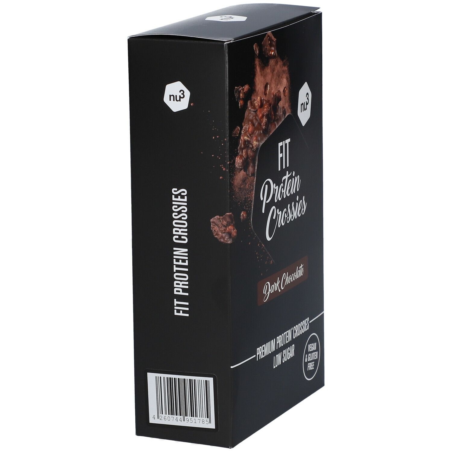 Zwarte verpakking met "nu3" logo en "FIT Protein Crossies". Barcode en tekst op de zijkant.