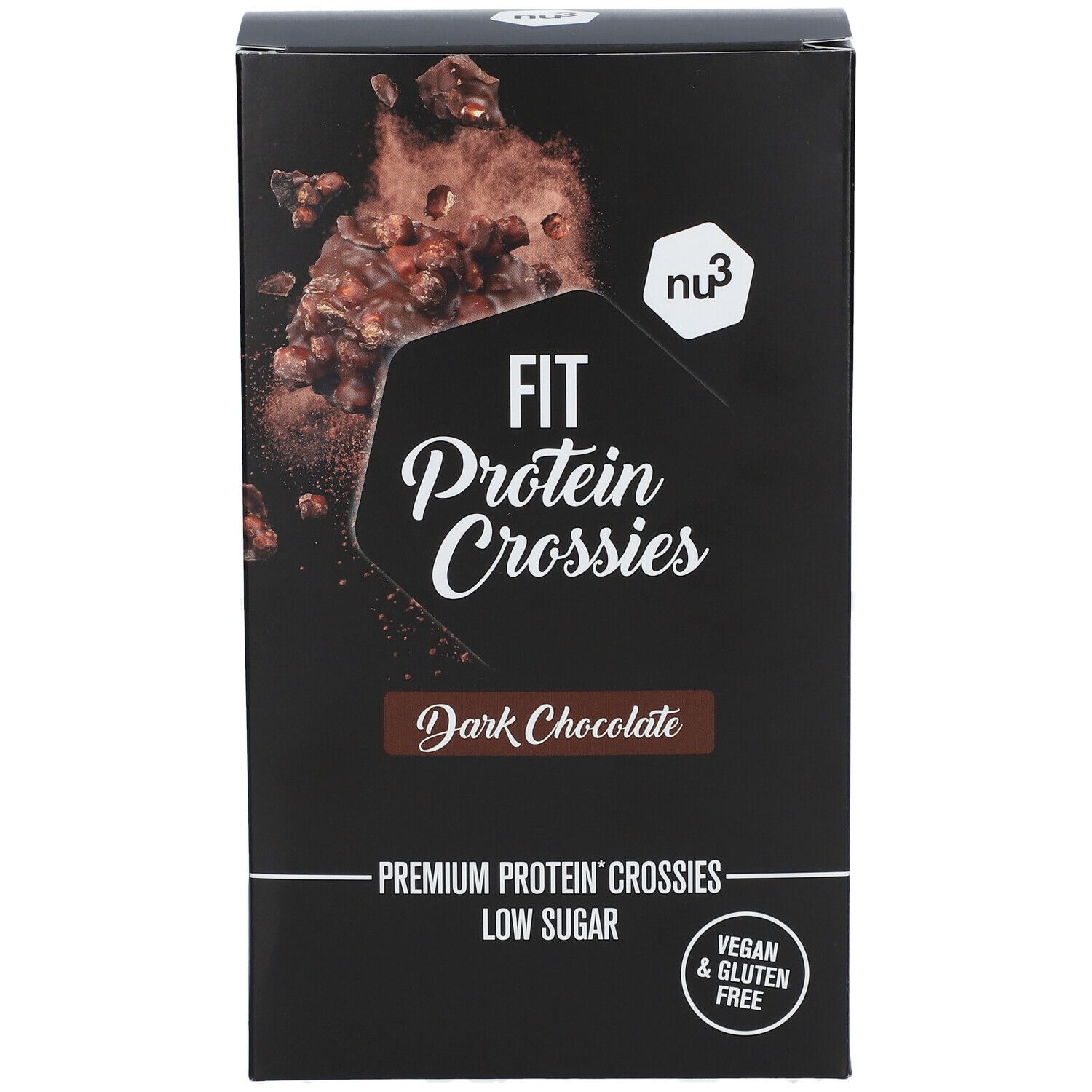 Zwarte verpakking met "nu3" logo en "FIT Protein Crossies Dark Chocolate". Vegan & glutenvrij.