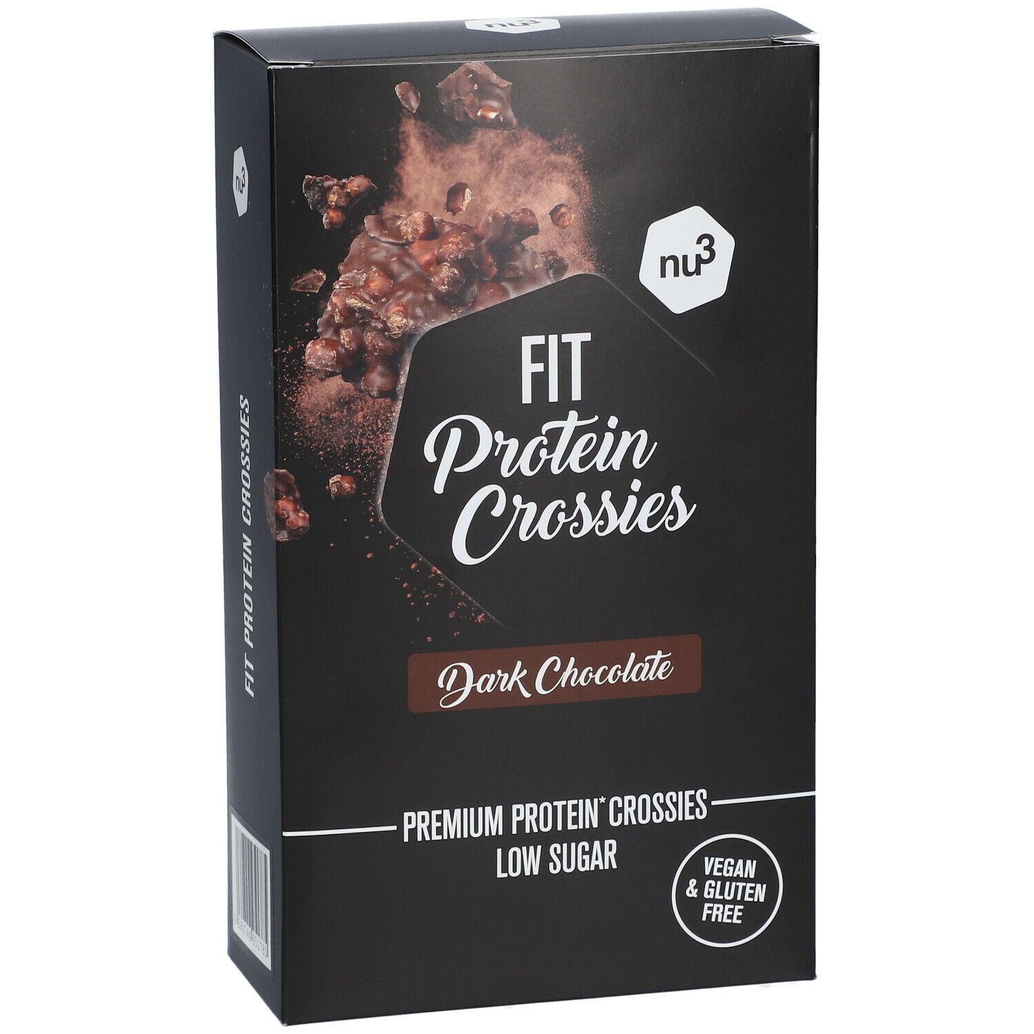Zwarte verpakking met "nu3" logo en "FIT Protein Crossies Dark Chocolate". Vegan & glutenvrij.