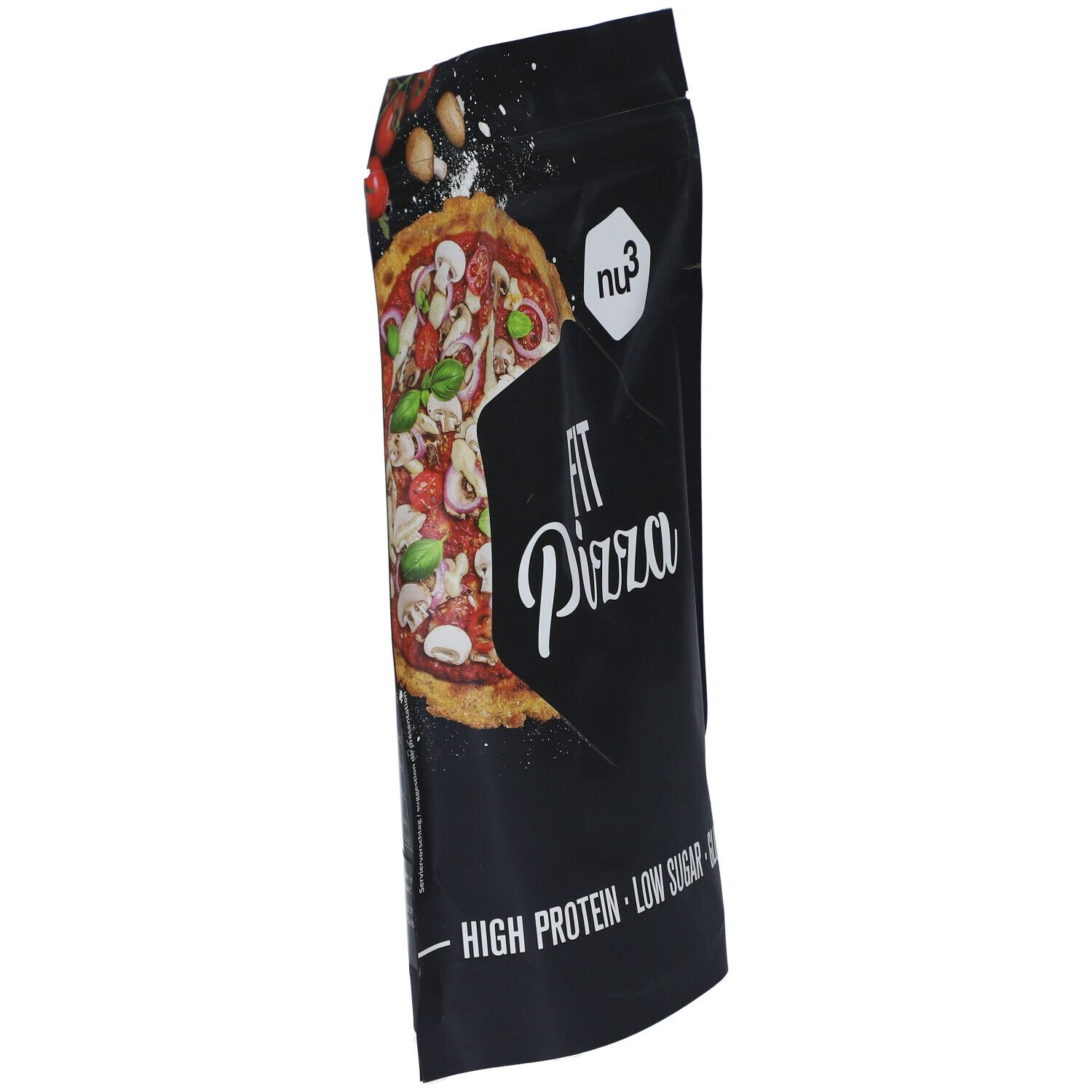 Emballage noir, en biais. Image de pizza, inscription "FIT Pizza", logo "nu3". Texte: Riche en protéines, faible en sucre.