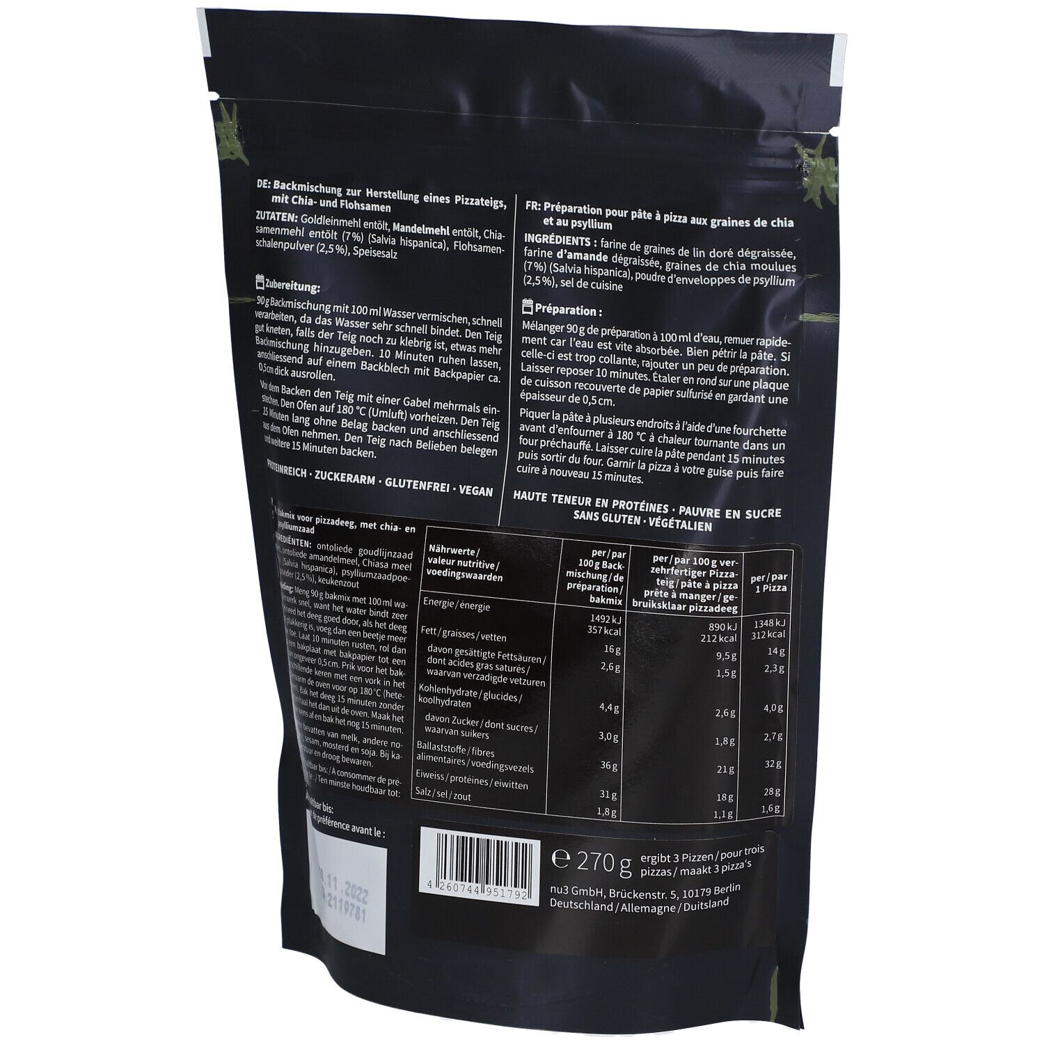 Dos de l'emballage noir. Texte en allemand et en français. Tableau nutritionnel, liste des ingrédients, informations fabricant.