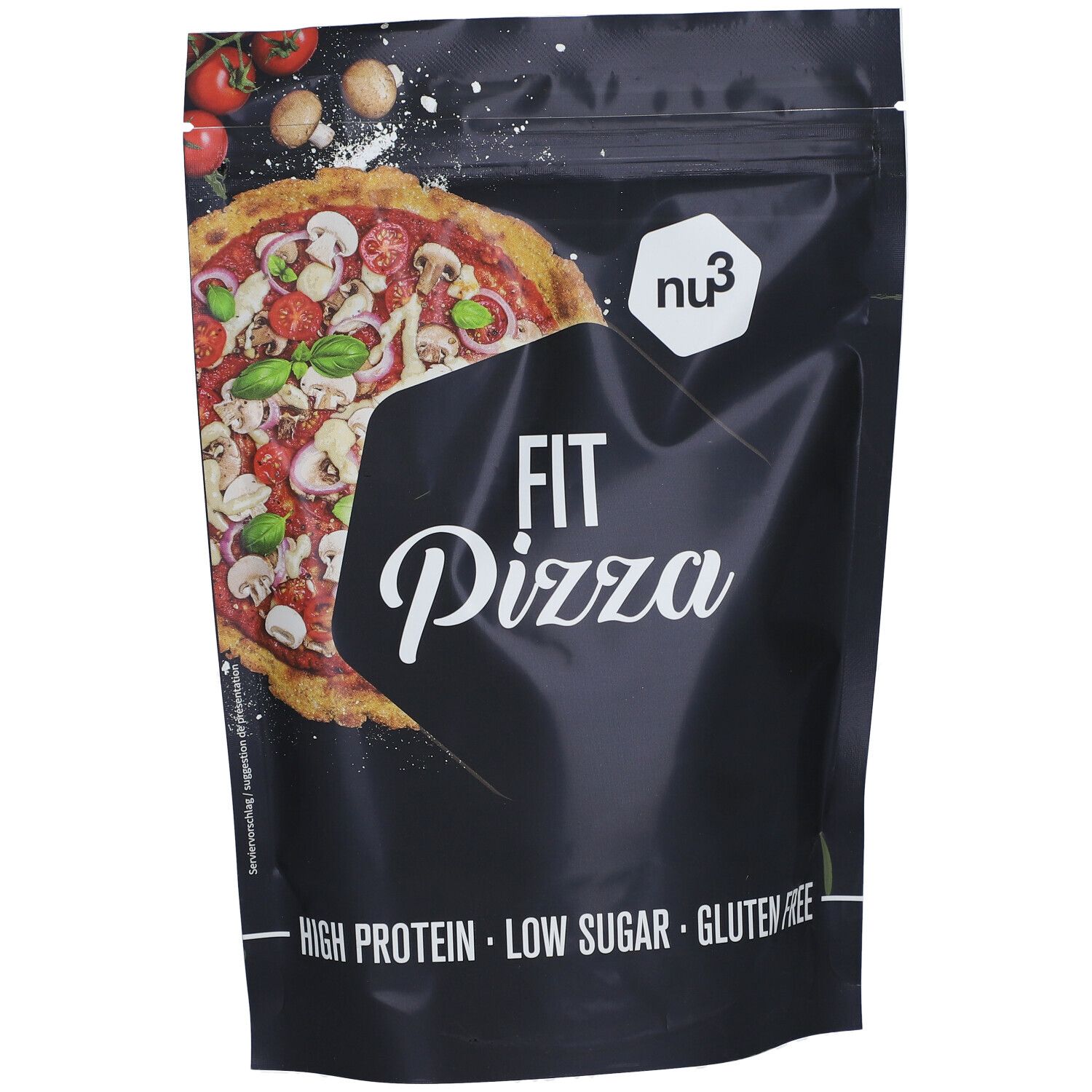 Emballage noir avec image de pizza. Inscription "FIT Pizza", logo "nu3". Texte: Riche en protéines, faible en sucre, sans gluten.