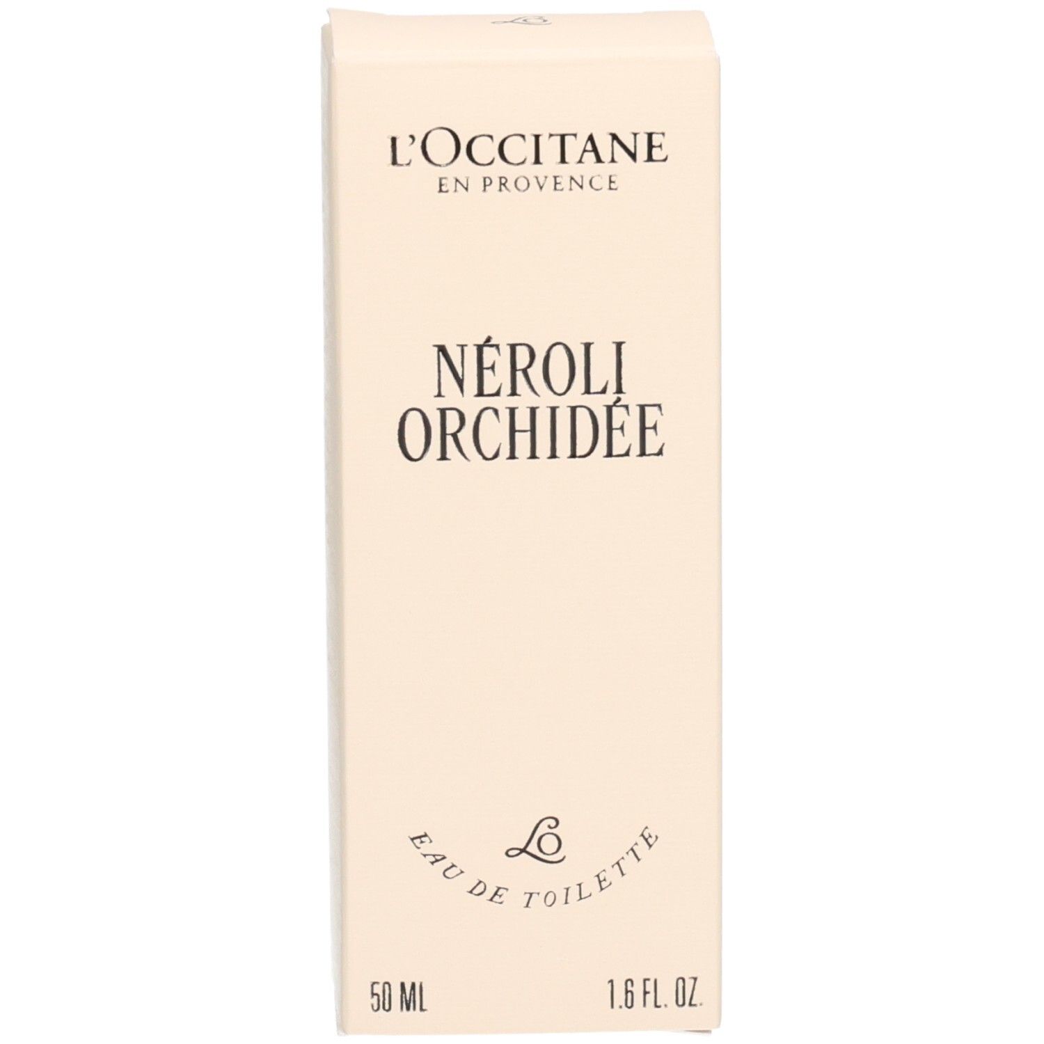 Vorderseite der L'OCCITANE Eau de Toilette Néroli Orchidée Verpackungsschachtel, 50 ml.