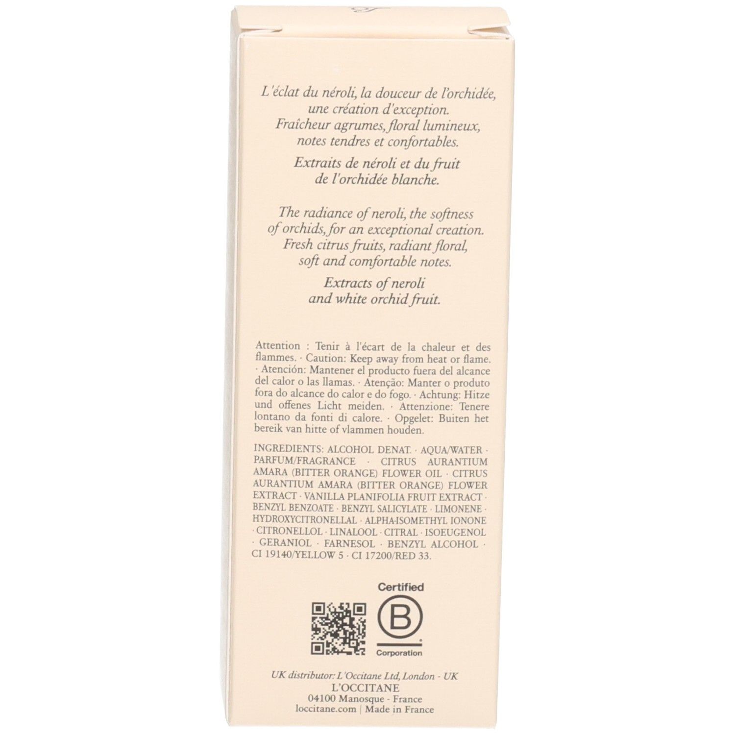 Rückseite der L'OCCITANE Eau de Toilette Néroli Orchidée Verpackungsschachtel mit Produktinformationen.