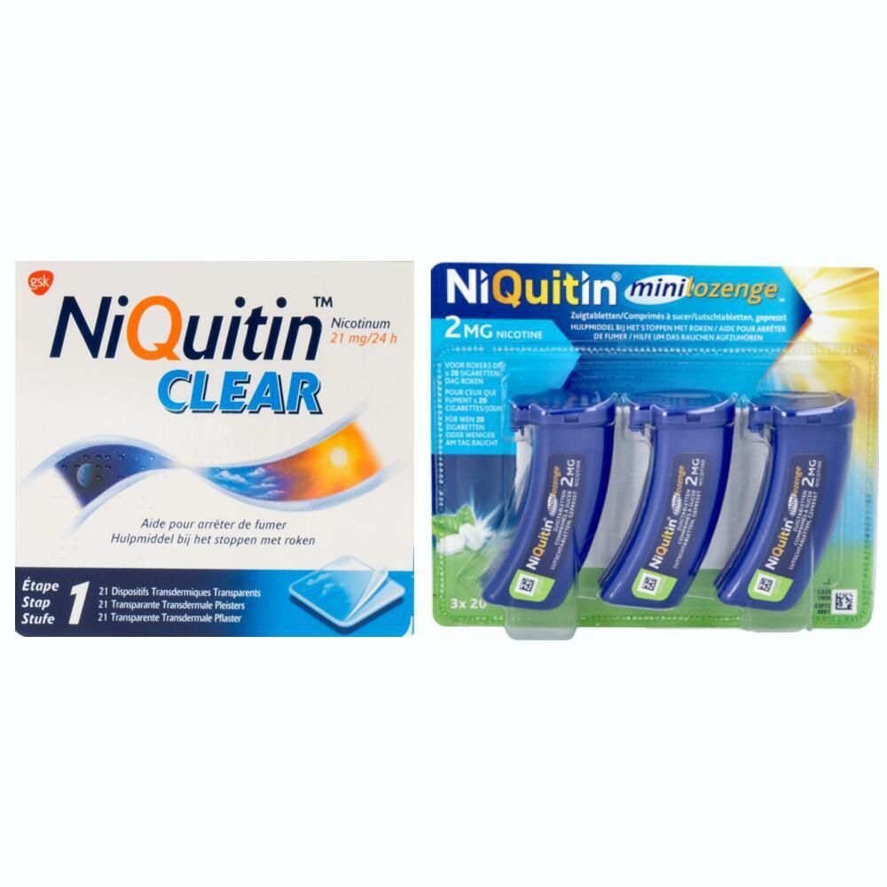 Deux emballages NiQuitin. À gauche : NiQuitin Clear, patchs. À droite : NiQuitin Mini-pastilles, 2mg nicotine. Emballages avec noms et détails du produit.