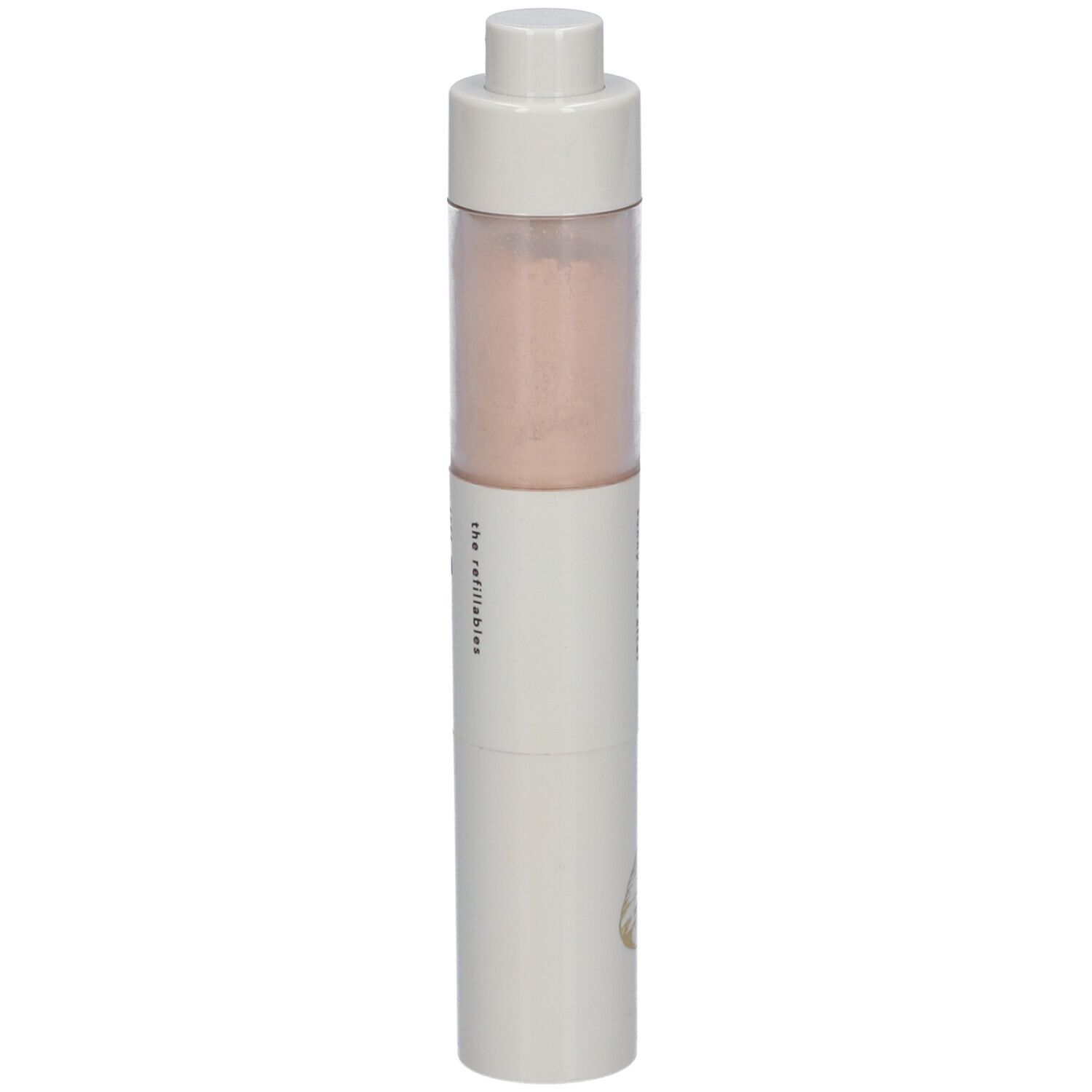 Cilindrische verpakking met roze inhoud. Opschrift: i.am.klean sunny ever after SPF50. Wit met gouden bladmotief.