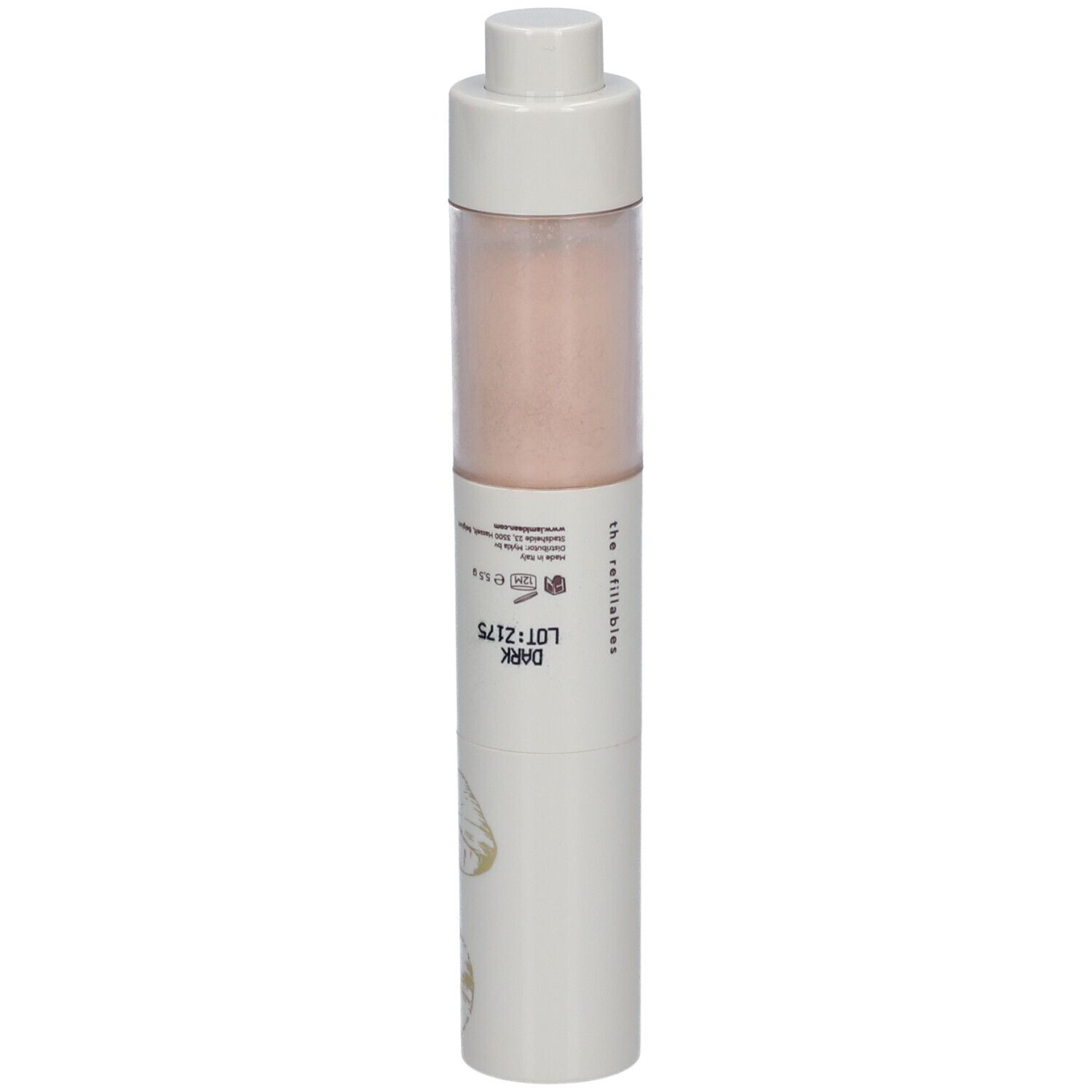 Cilindrische verpakking met roze inhoud. Opschrift: i.am.klean sunny ever after SPF50. Wit met gouden bladmotief.
