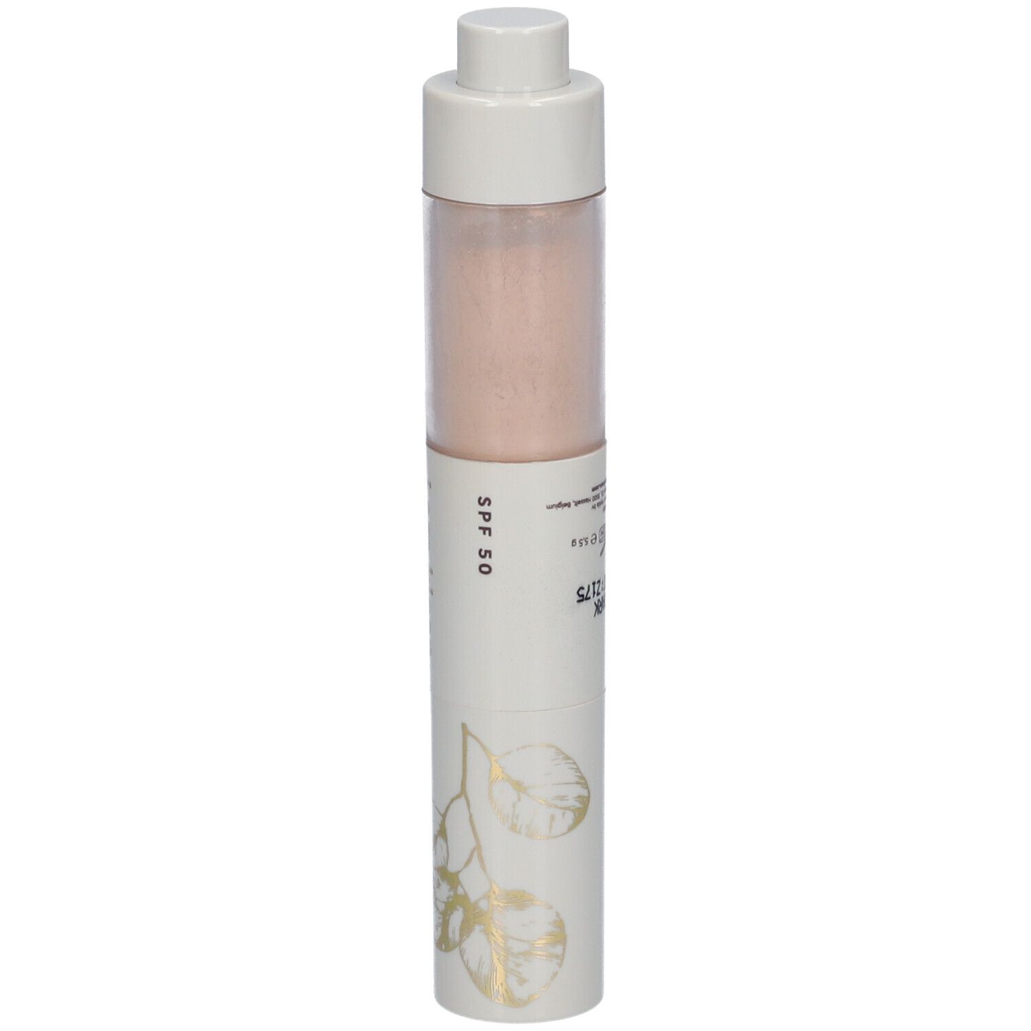 Cilindrische verpakking met roze inhoud. Opschrift: i.am.klean sunny ever after SPF50. Wit met gouden bladmotief.