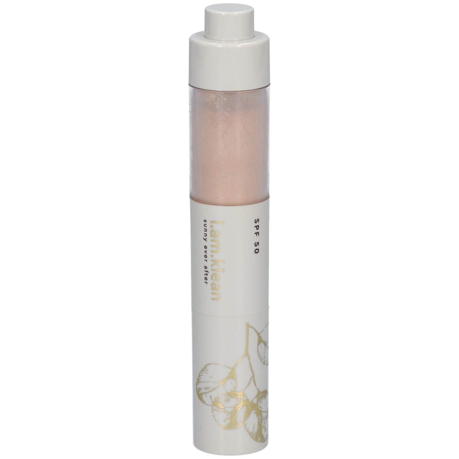 Cilindrische verpakking met roze inhoud. Opschrift: i.am.klean sunny ever after SPF50. Wit met gouden bladmotief.