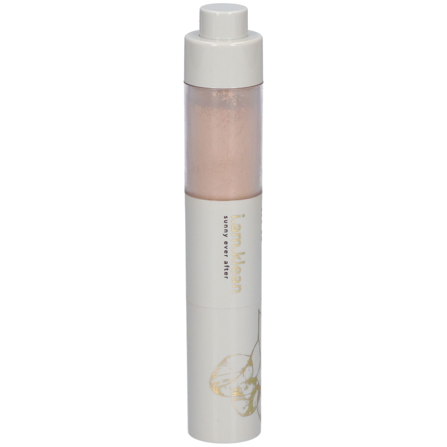 Cilindrische verpakking met roze inhoud. Opschrift: i.am.klean sunny ever after SPF50. Wit met gouden bladmotief.