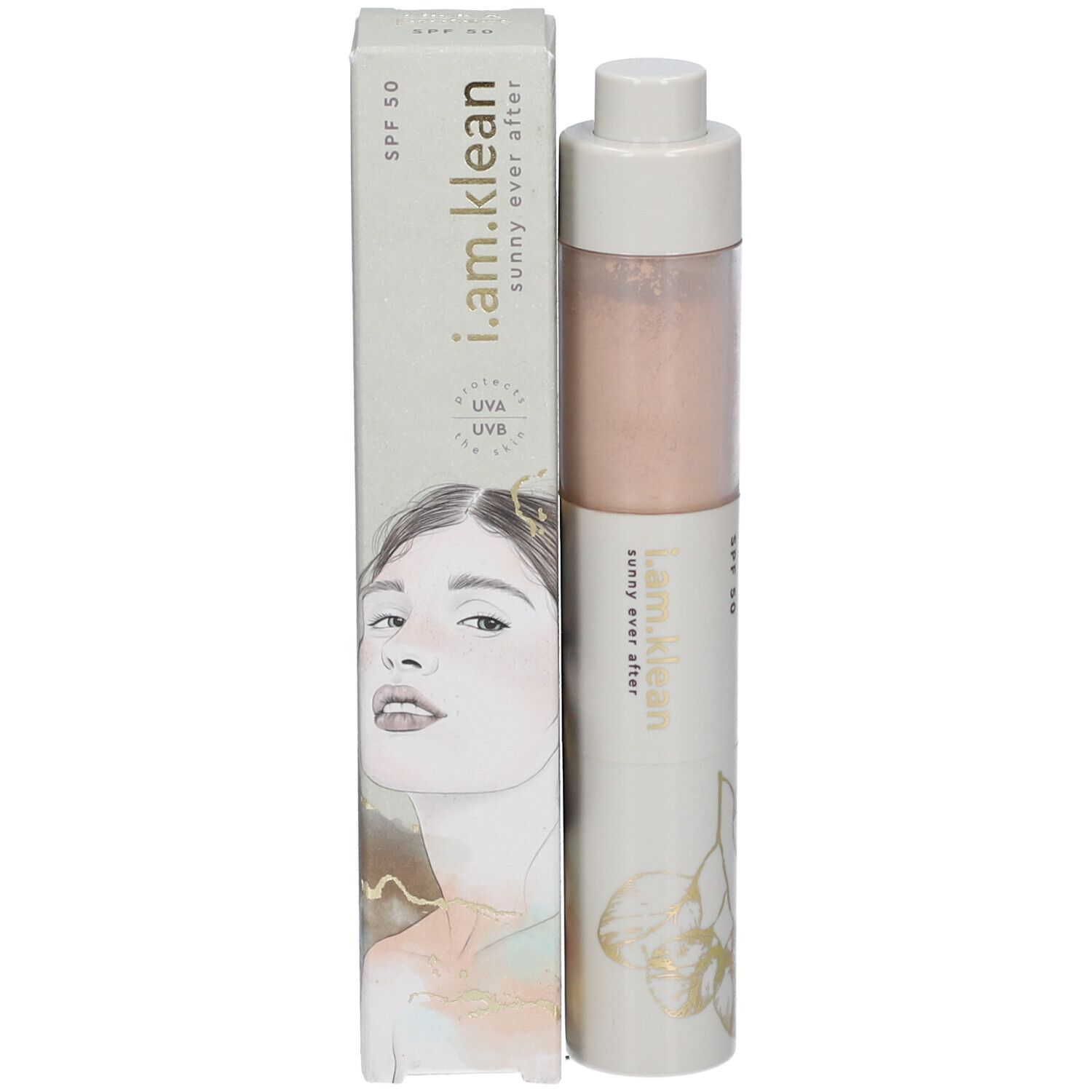 Product en verpakking. Cilindrisch product naast rechthoekige doos. Opschrift: i.am.klean sunny ever after SPF50. Gezicht op de doos.