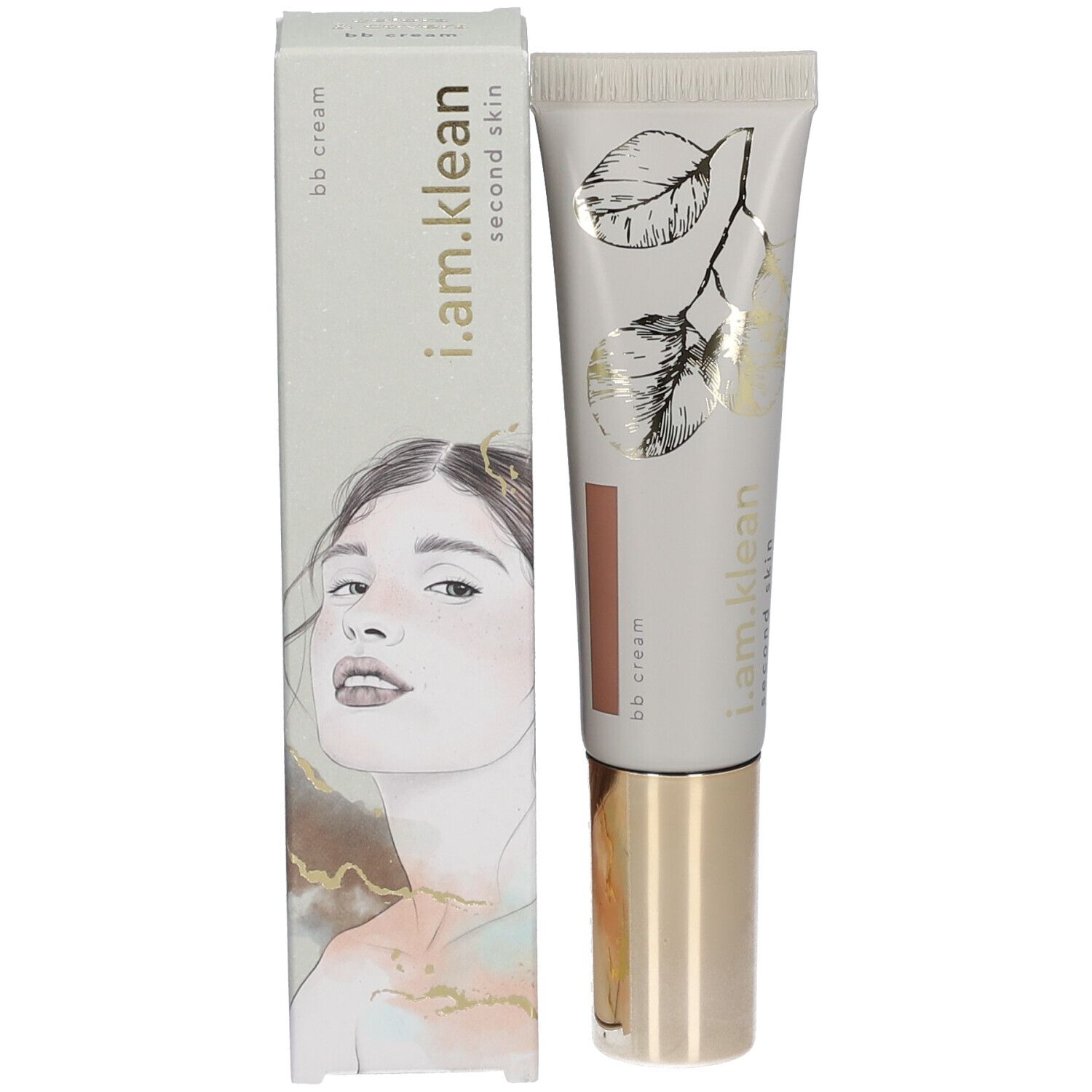 BB cream tube en verpakking. Tube: wit, gouden dop. Opschrift: i.am.klean, bb cream. Verpakking: wit, gezichtsillustratie.