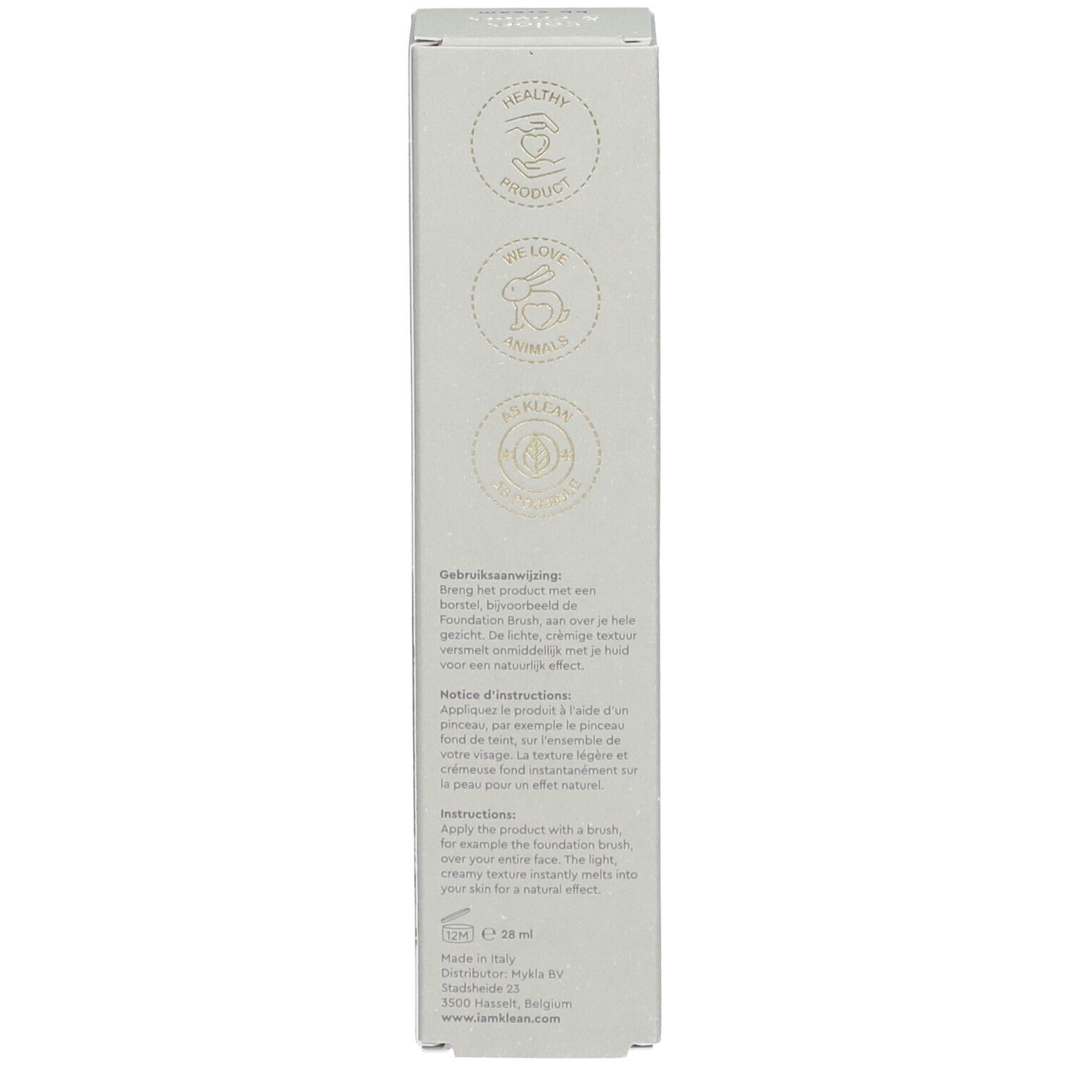 Verpakking BB cream, wit. Illustraties: Healthy Product, Cruelty Free, Vegan. Gebruiksaanwijzing.