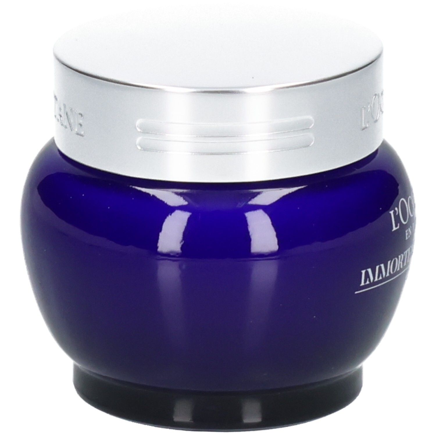 L'OCCITANE Immortelle Précieuse Creme in einem blauen Glasbehälter mit silbernem Deckel.