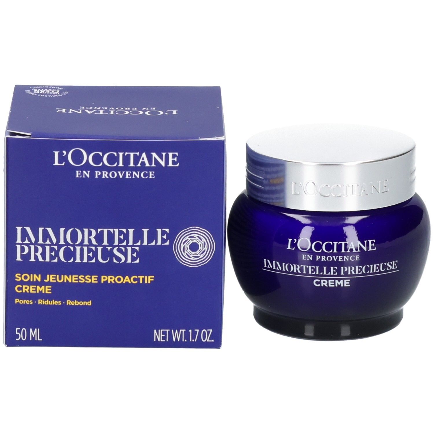 L'OCCITANE Immortelle Précieuse Creme und ihre Verpackung. Blauer Behälter mit silbernem Deckel, blaue Box mit Produktinformationen.