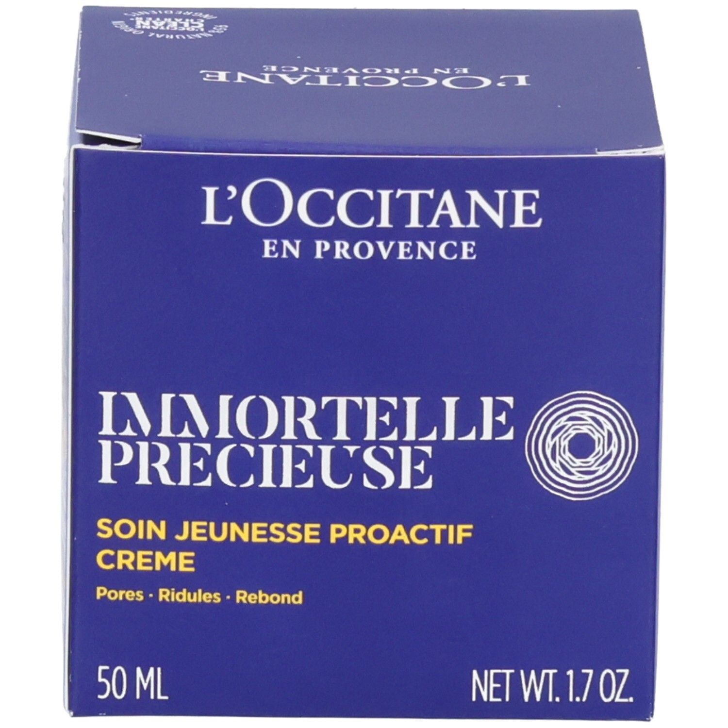Verpackung der L'OCCITANE Immortelle Précieuse Creme. Blaue Box mit Produktinformationen, einschließlich 50 ml und NET WT. 1.7 OZ.