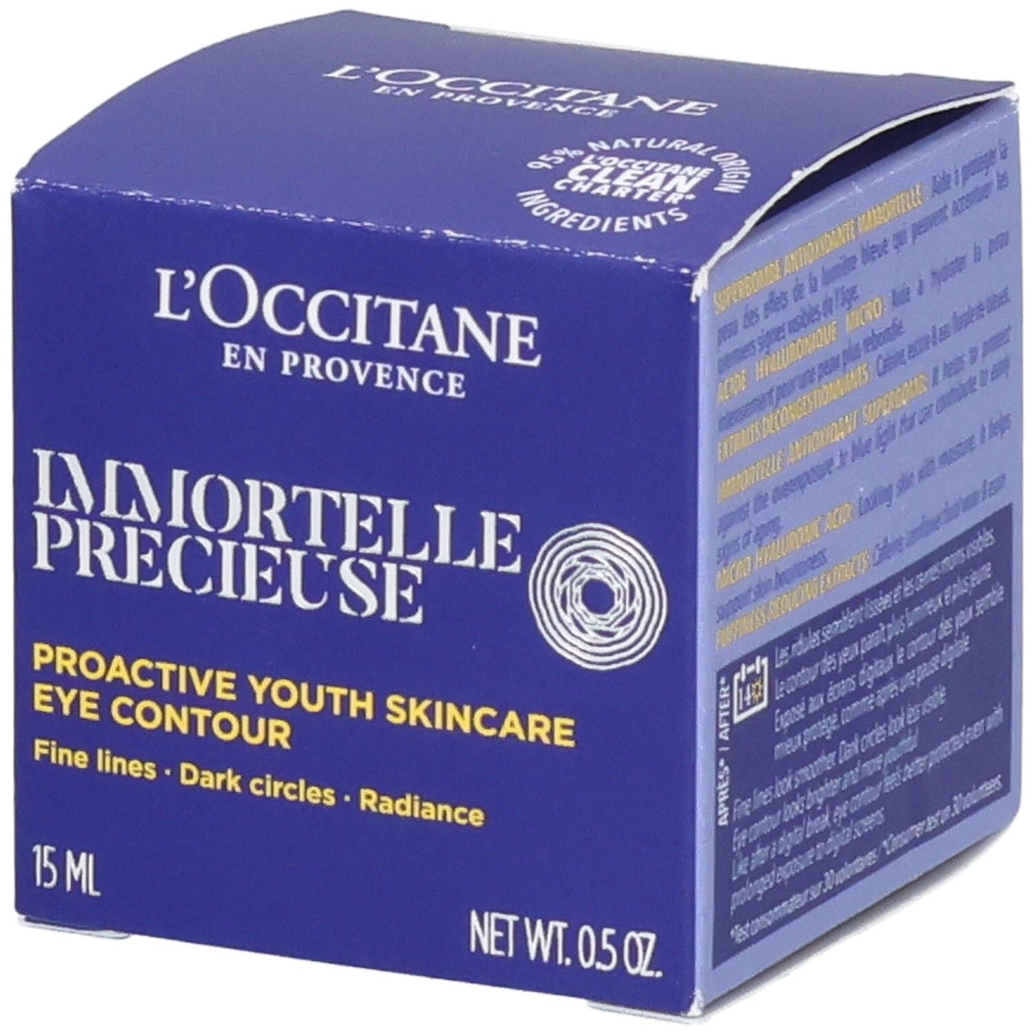 L'Occitane Immortelle Précieuse Augencreme-Verpackung, 15ml, mit Fokus auf "Proactive Youth Skincare".