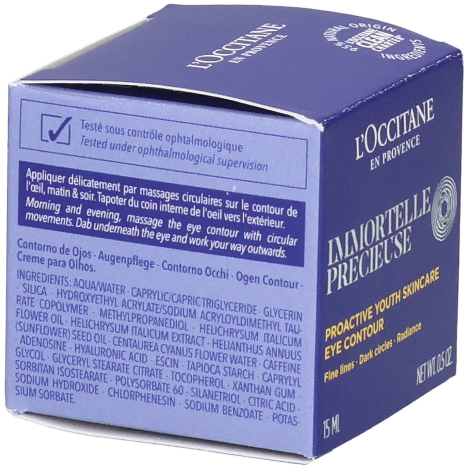 L'Occitane Immortelle Précieuse Augencreme-Verpackung, Seite mit Inhaltsstoffen und Anwendungshinweisen.