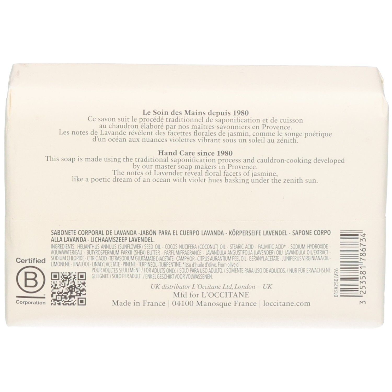 Rückseite L'Occitane Lavendel Seife mit Inhaltsstoffen und Zertifizierungen.