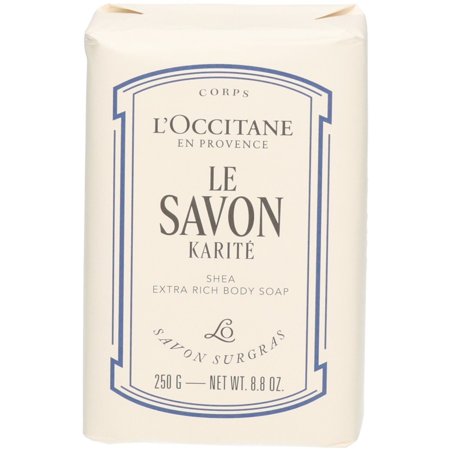 L'OCCITANE Shea Extra Rich Body Soap Riegel in cremiger Verpackung.