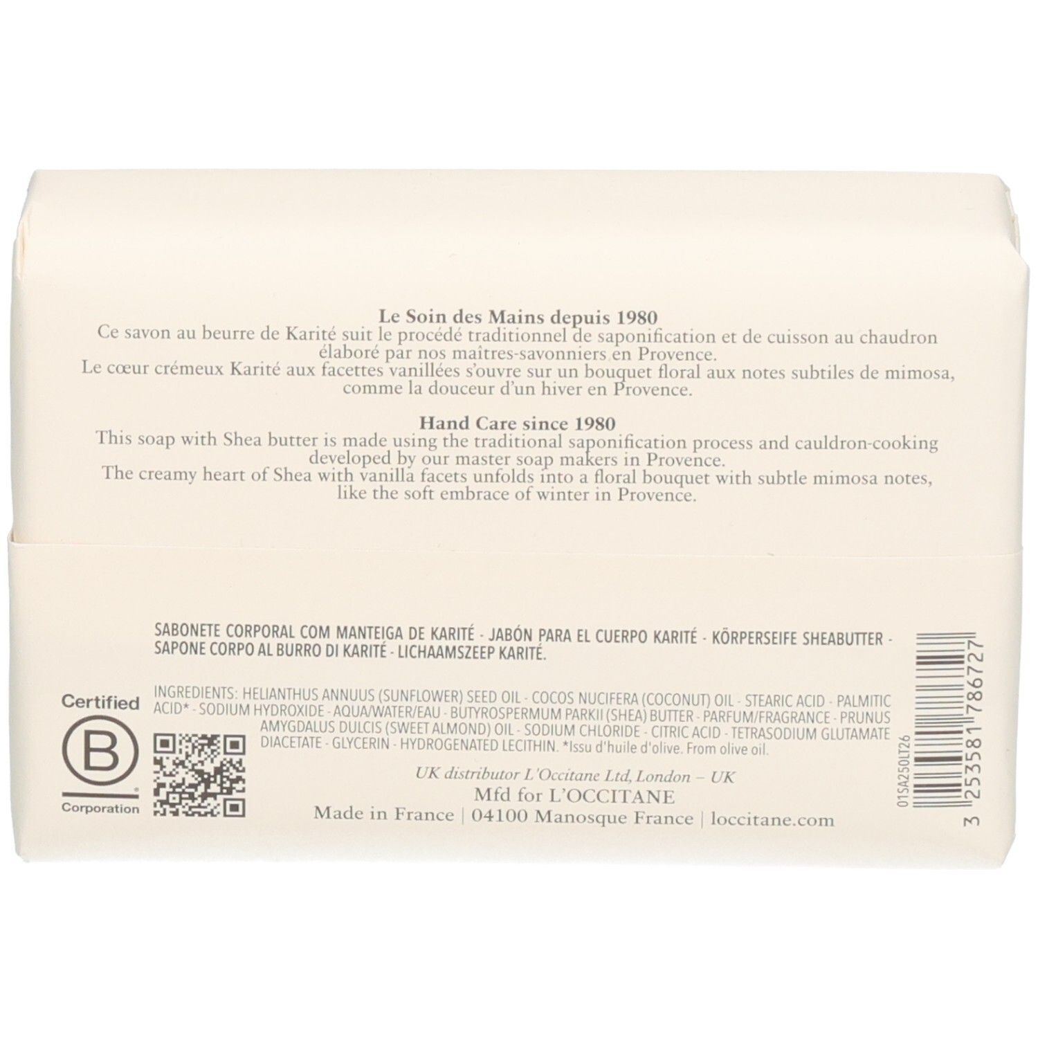 Rückseite des L'OCCITANE Shea Extra Rich Body Soap Riegels mit Produktinformationen und B Corp Zertifizierung.