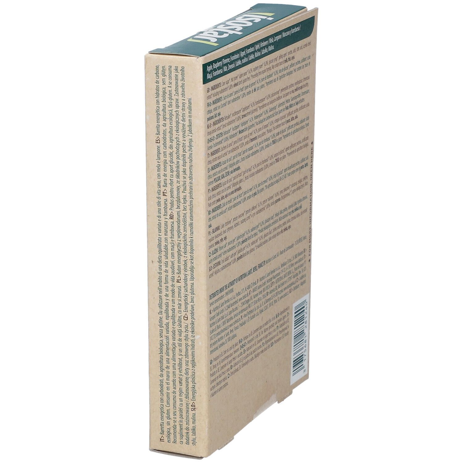Emballage en carton, vue latérale. Texte multilingue. Logo Isostar en haut à gauche. Vert et beige. Forme rectangulaire.