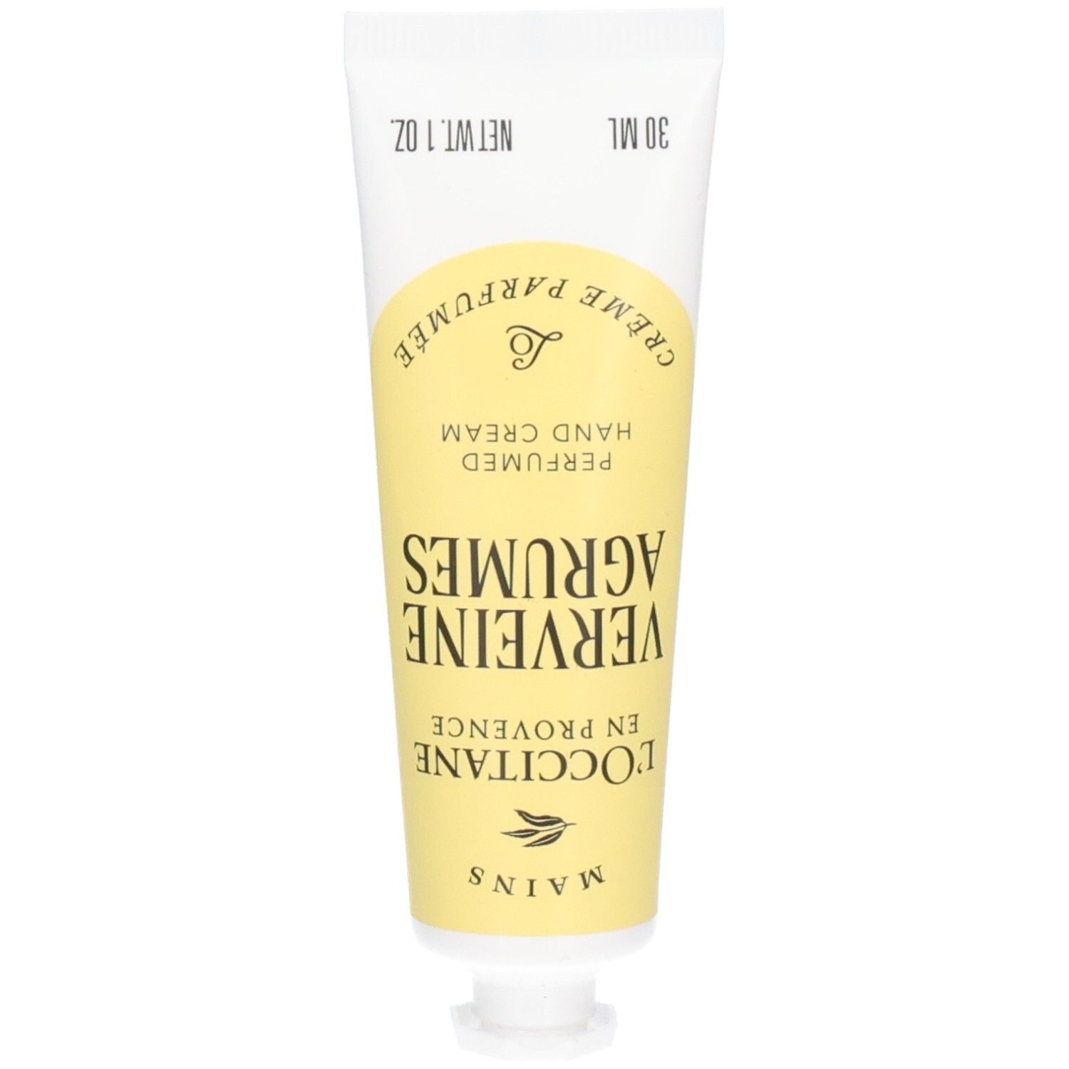 L'Occitane Handcreme Tube mit gelbem Etikett und Aufschrift "Verbene Agrumes". 30 ml.