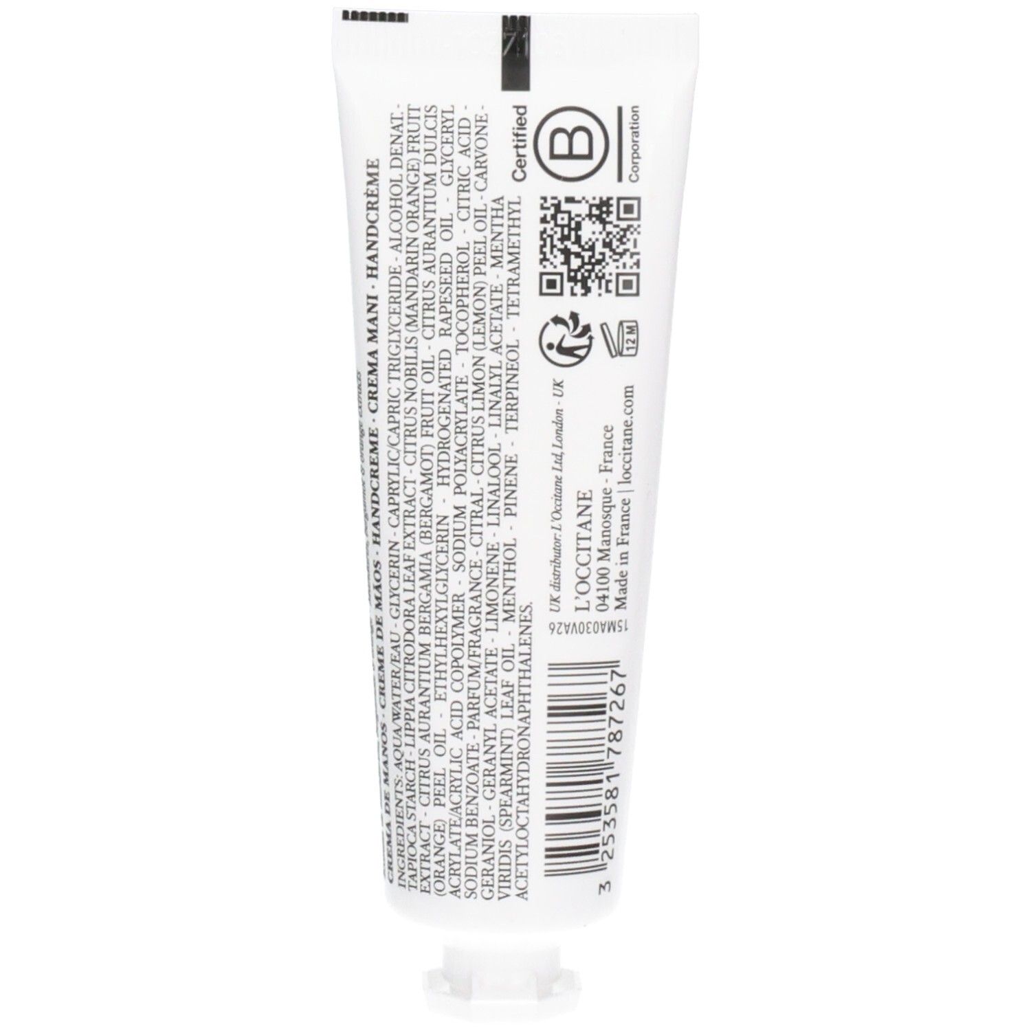 Rückseite einer L'Occitane Handcreme Tube mit Inhaltsstoffen und Zertifizierungen. 30 ml.