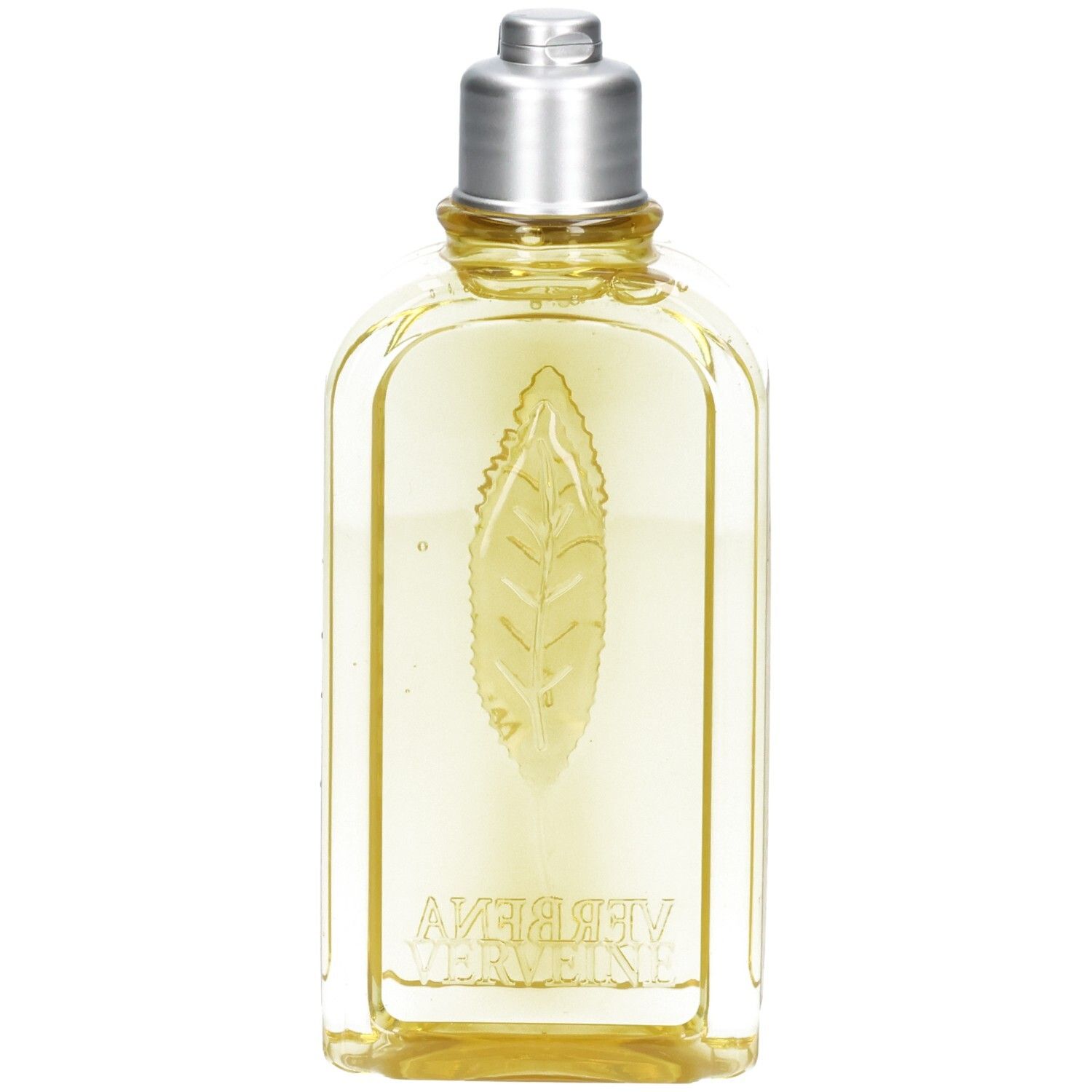 L'OCCITANE Duschgel in rechteckiger Flasche mit silbernem Verschluss. Gelbe Flüssigkeit und geprägtes Blattmotiv auf der Vorderseite.