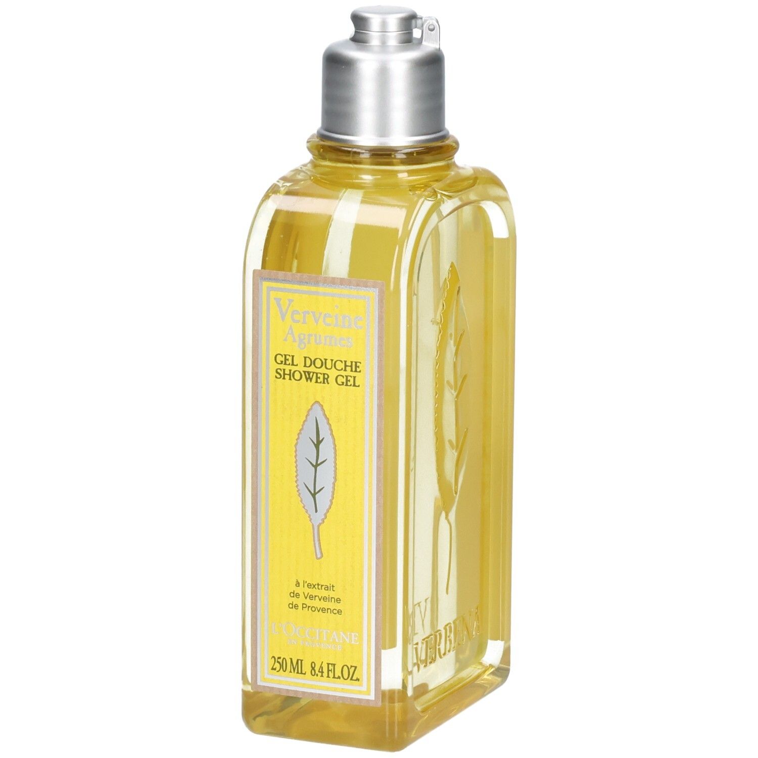 L'OCCITANE Duschgel mit silbernem Verschluss und gelber Flüssigkeit. Vorderseite mit Blattmotiv und Produktinformationen.