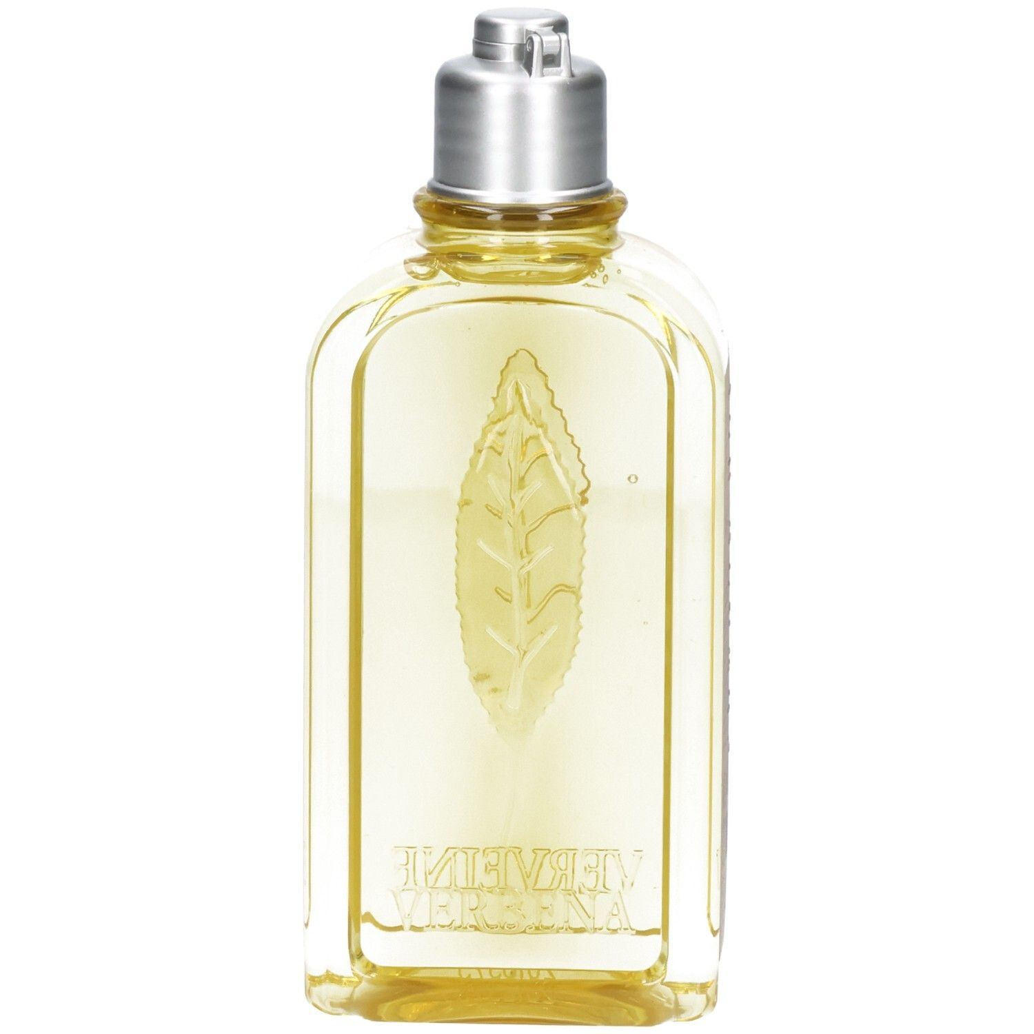 L'OCCITANE Duschgel in rechteckiger Flasche mit silbernem Verschluss. Gelbe Flüssigkeit und geprägtes Blattmotiv auf der Vorderseite.