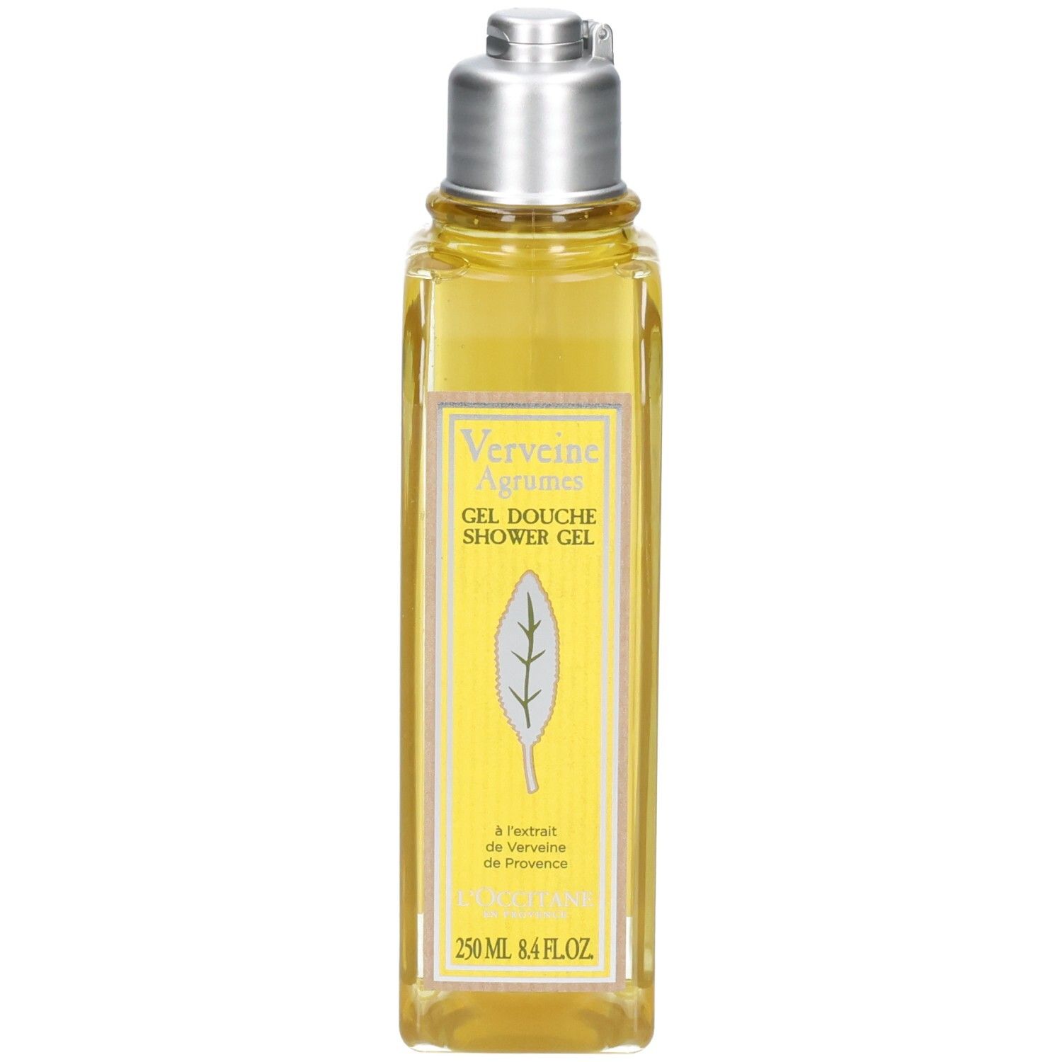 L'OCCITANE Duschgel mit silbernem Verschluss und gelber Flüssigkeit. Vorderseite mit Blattmotiv und Produktinformationen.