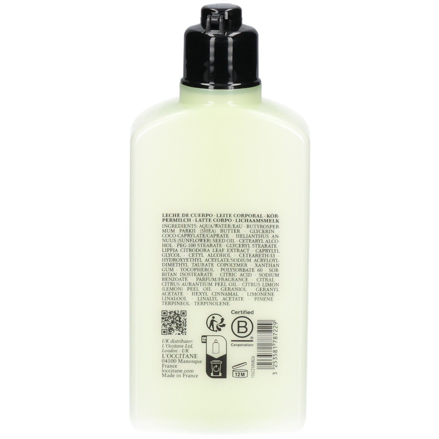 Rückseite eines L'Occitane Verveine Körperlotion-Flakons mit detaillierten Inhaltsstoffen und Siegeln.