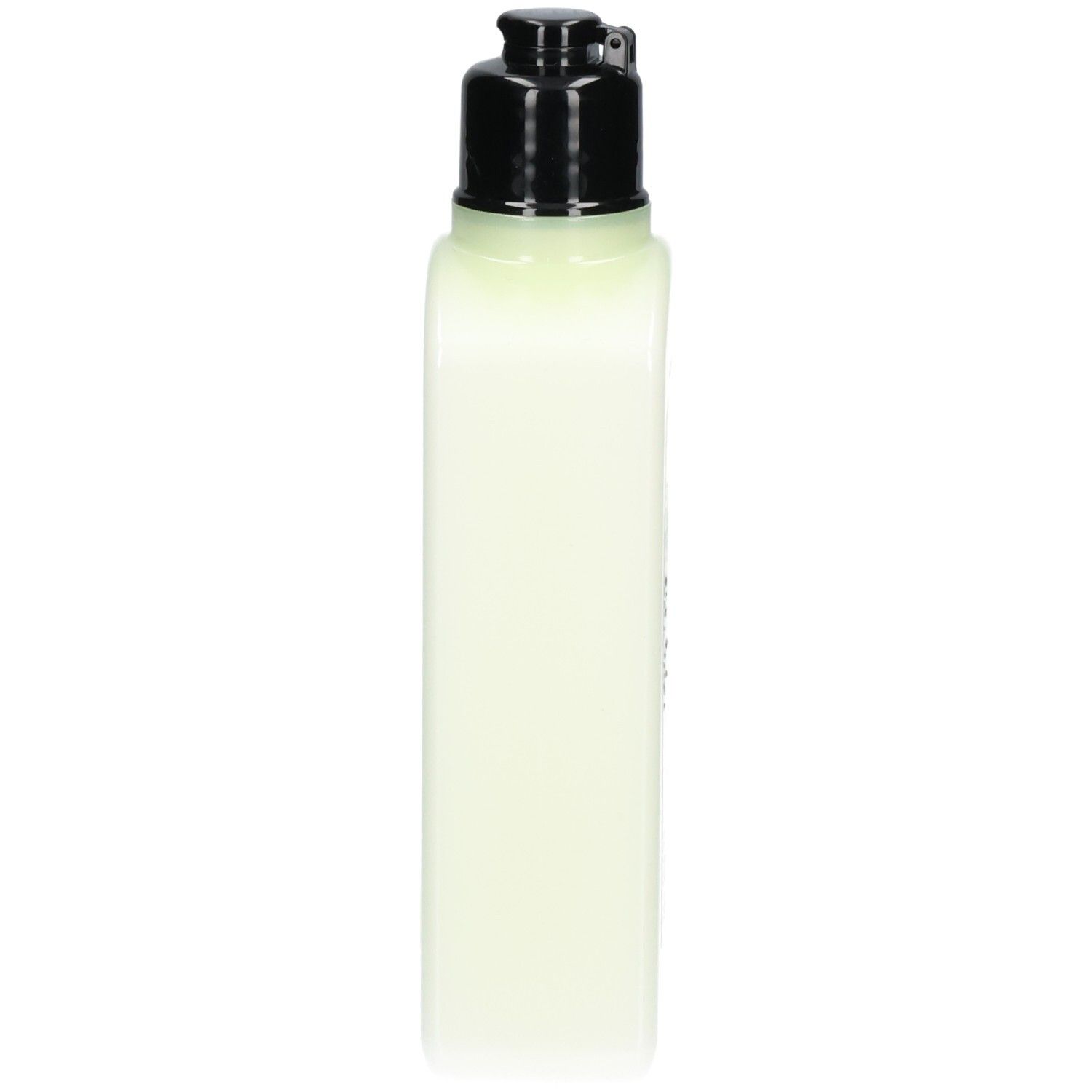 Seitenansicht eines hellgrünen Flakons mit schwarzem Pumpspender, L'Occitane Verveine Körperlotion.