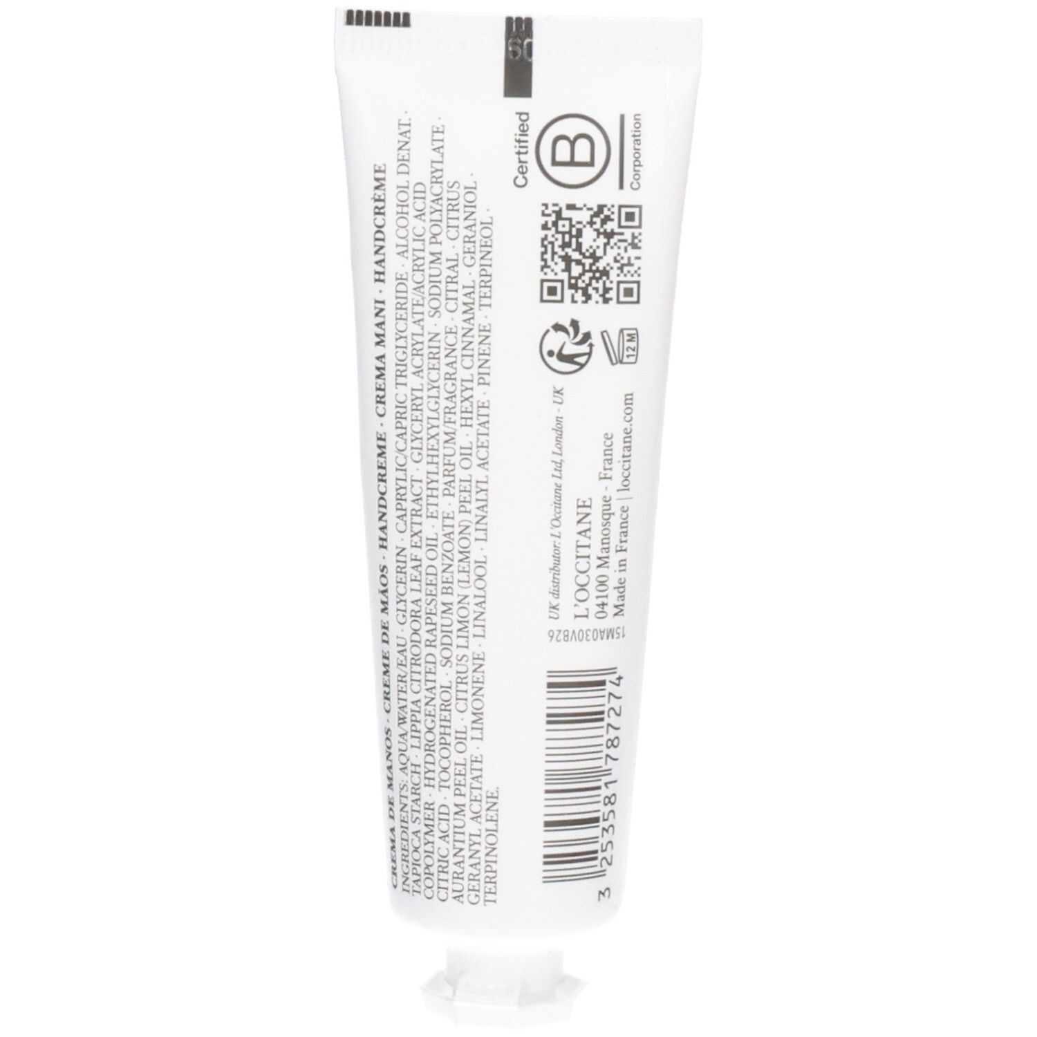 Rückseite der L'OCCITANE Verbena Hand Cream Tube mit Inhaltsstoffen und B Corp Zertifizierung.