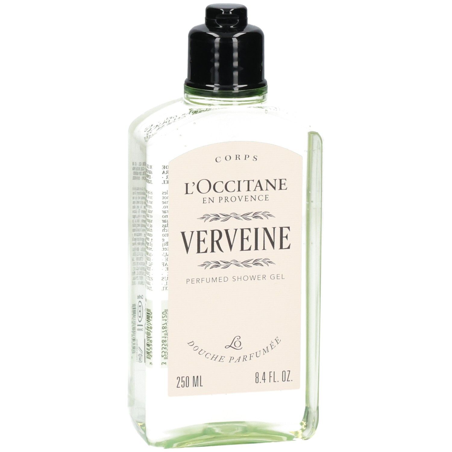 L'Occitane Verbene Duschgel in klarer Flasche mit schwarzem Verschluss. 250 ml.