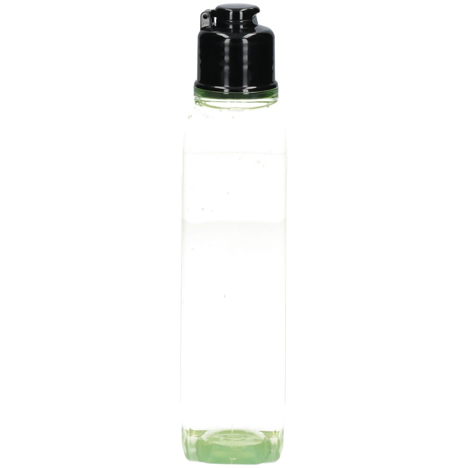 Klare Flasche mit L'Occitane Verbene Duschgel und schwarzem Verschluss, Seitenansicht.