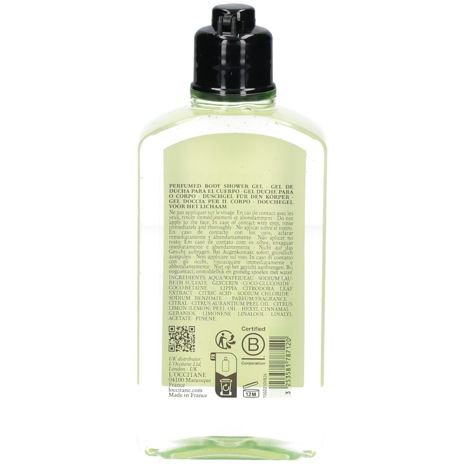 Rückseite einer L'Occitane Verbene Duschgel-Flasche mit Inhaltsstoffen und Zertifizierungen.
